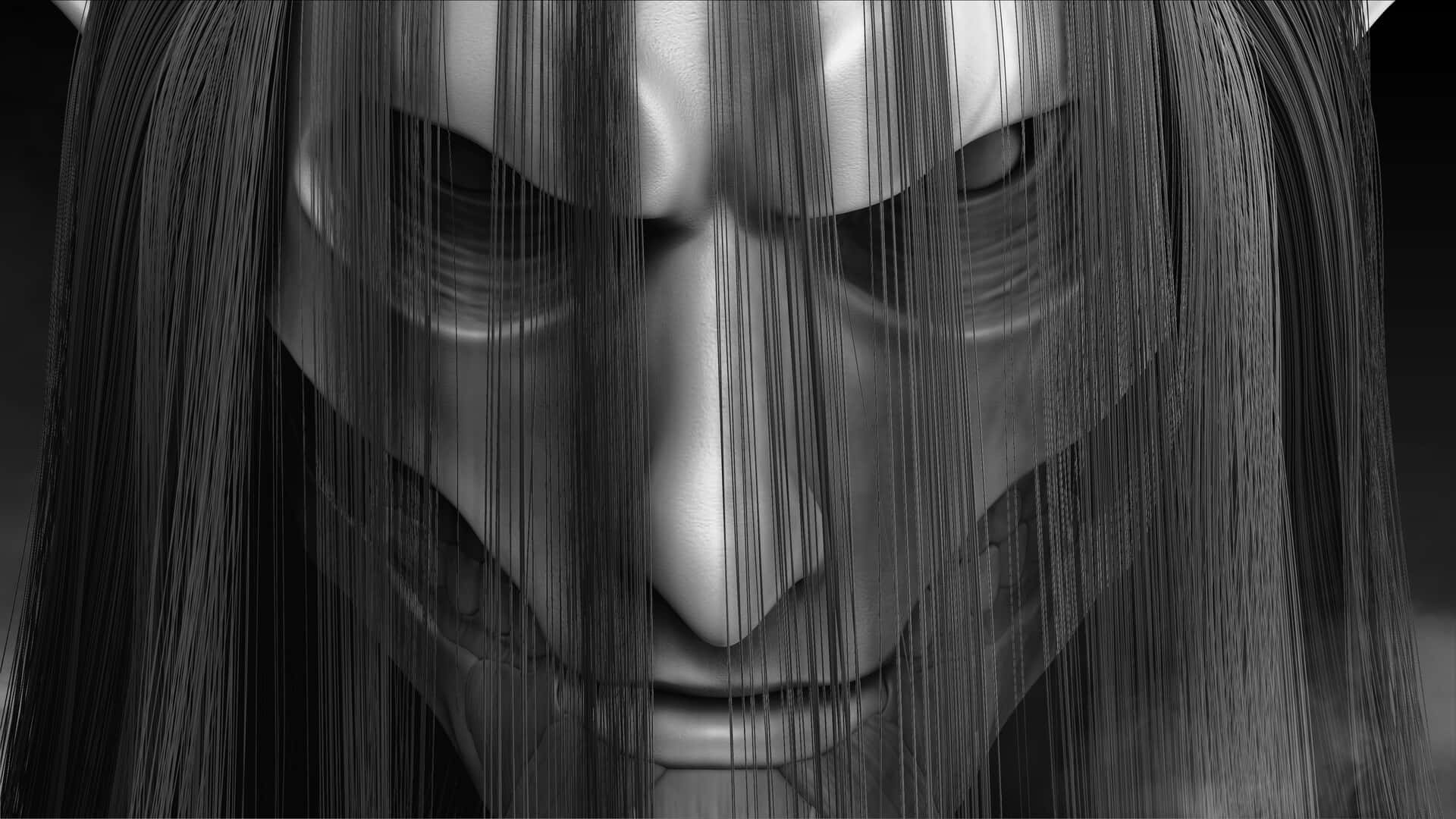 Founding Titan 桌布 壁紙 — 一張令人毛骨悚然的單色特寫，臉部部分被長髮遮蓋，眼睛發出強烈光芒。