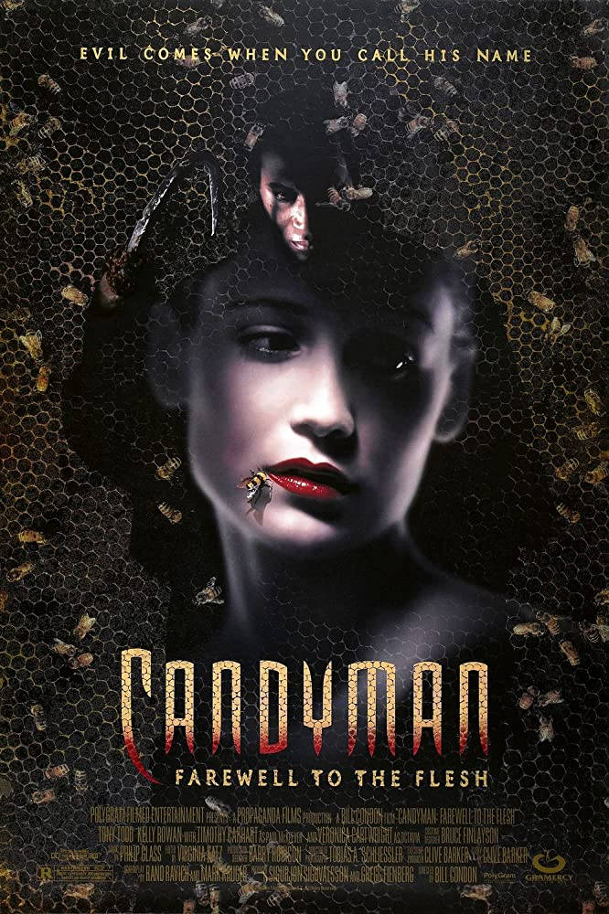 Candyman 桌布 壁紙 — 一張令人毛骨悚然的電影海報，展示了一個女人的臉被蜜蜂包圍，背景是蜂巢，標題是Candyman。