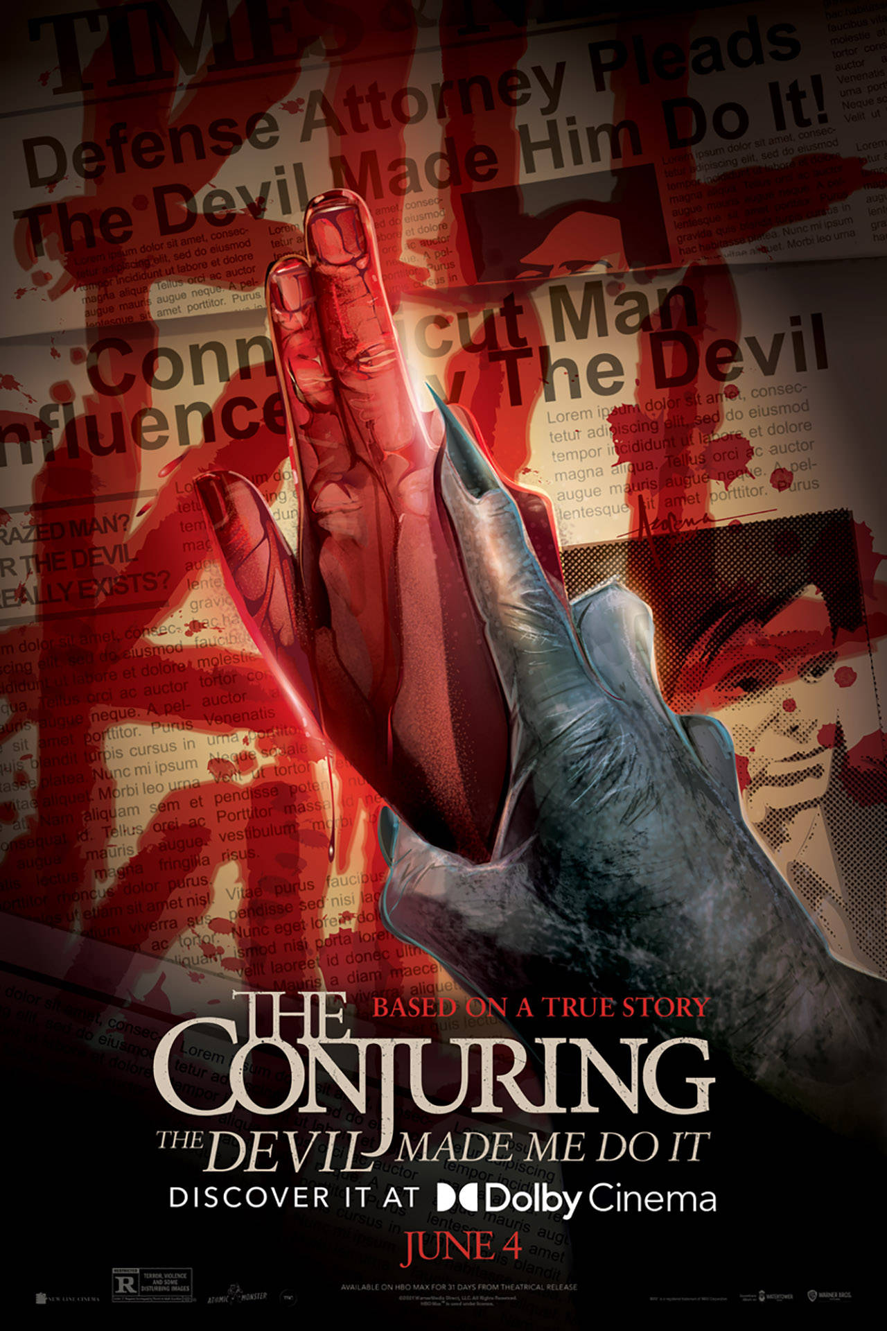 Conjuring 桌布 壁紙 — 一張令人毛骨悚然的電影海報，顯示一隻蒼白的手穿過沾滿血跡的報紙頭條，內容關於惡魔附身。