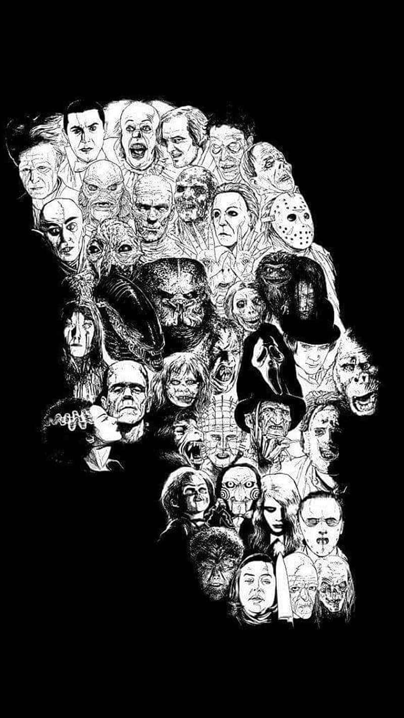 Horror Icons 桌布 壁紙 — 一張令人毛骨悚然的黑白拼貼畫，經典恐怖電影反派在黑暗背景上形成一個怪物般的剪影。