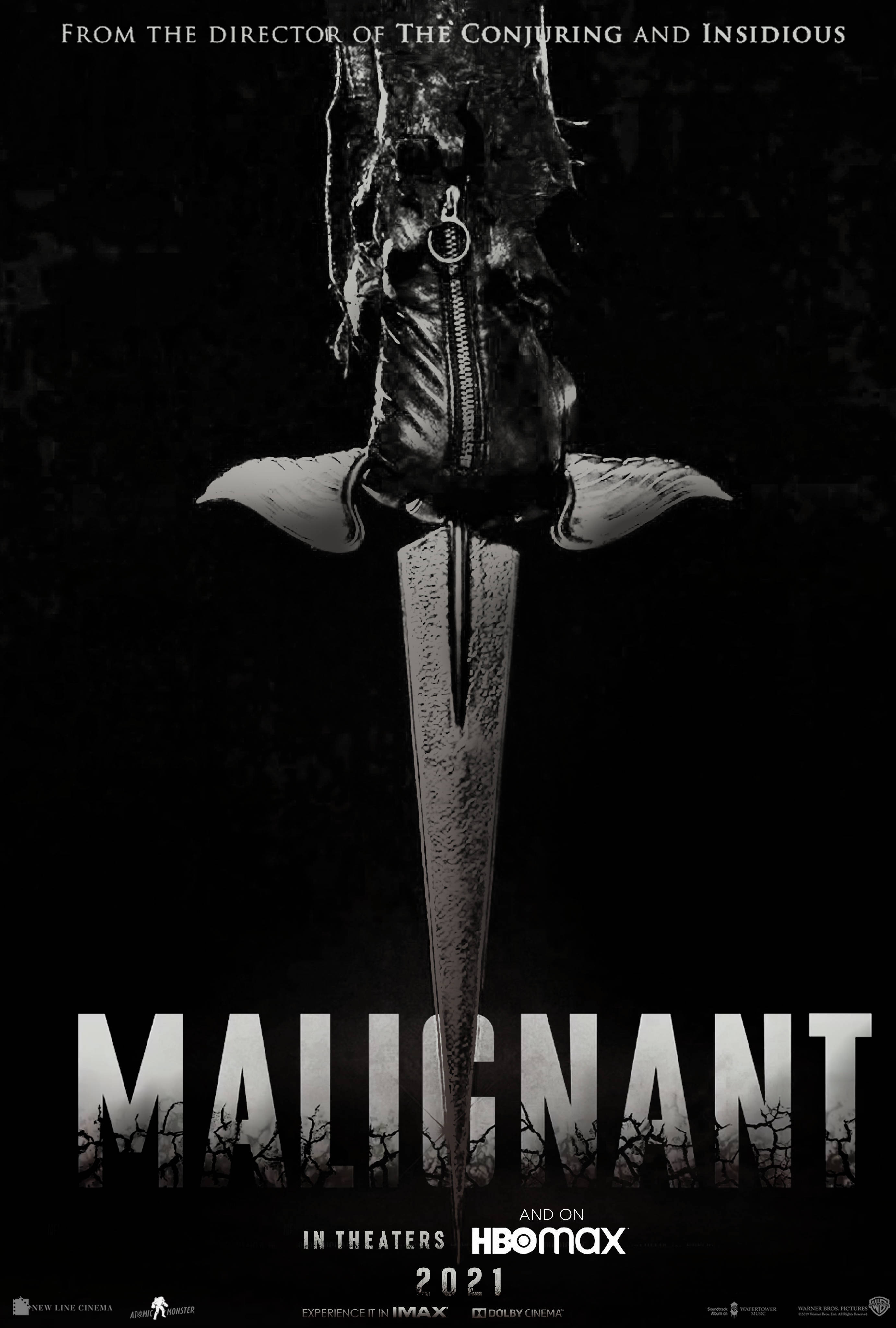 Malignant 桌布 壁紙 — 一張令人毛骨悚然的黑白電影海報，在黑暗背景上展示一個與劍融合的怪誕人形人物。