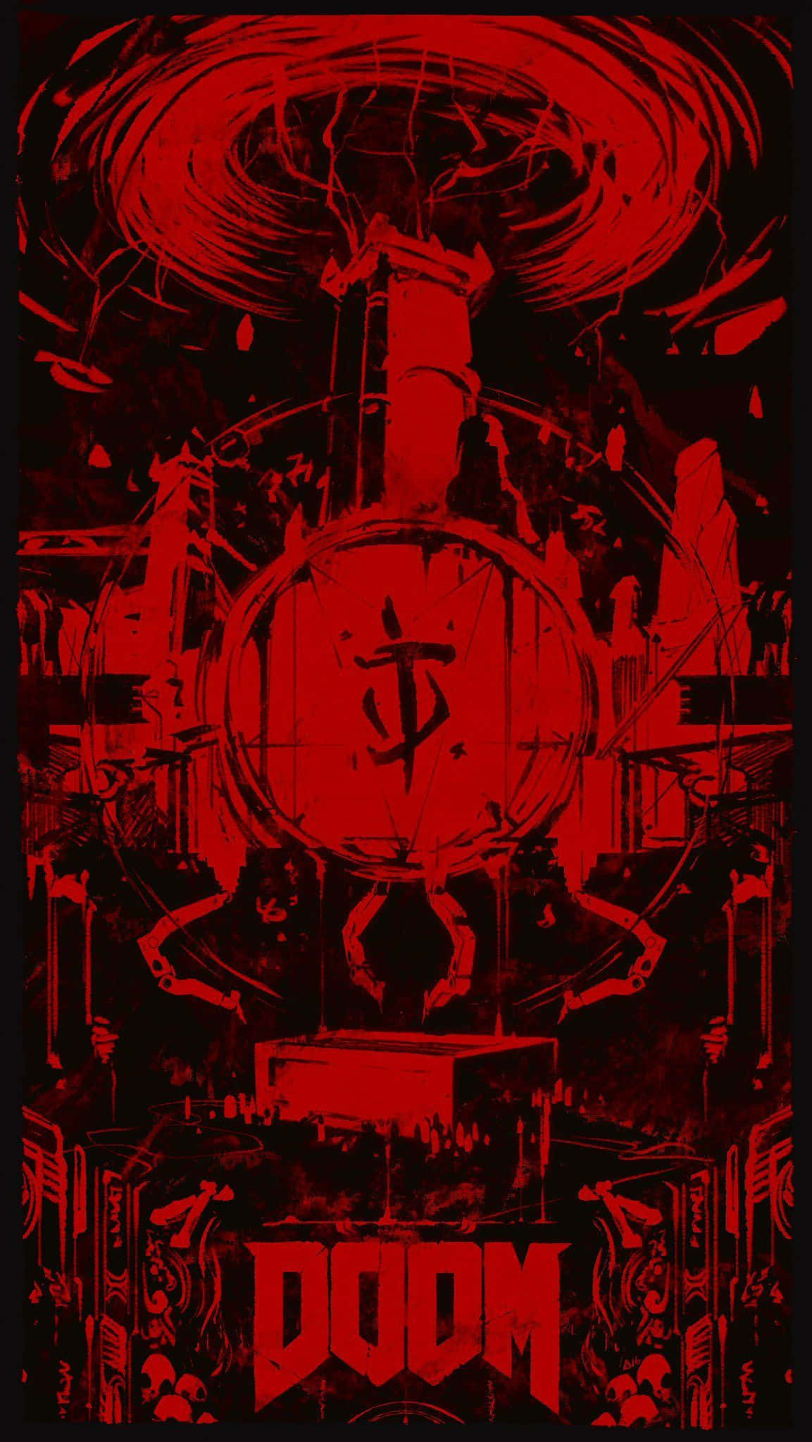 Doom iPhone 桌布 壁紙 — 一張令人畏懼的DOOM紅黑海報，上面有一個帶有美元符號的惡魔形象，周圍環繞著混亂的工業元素。