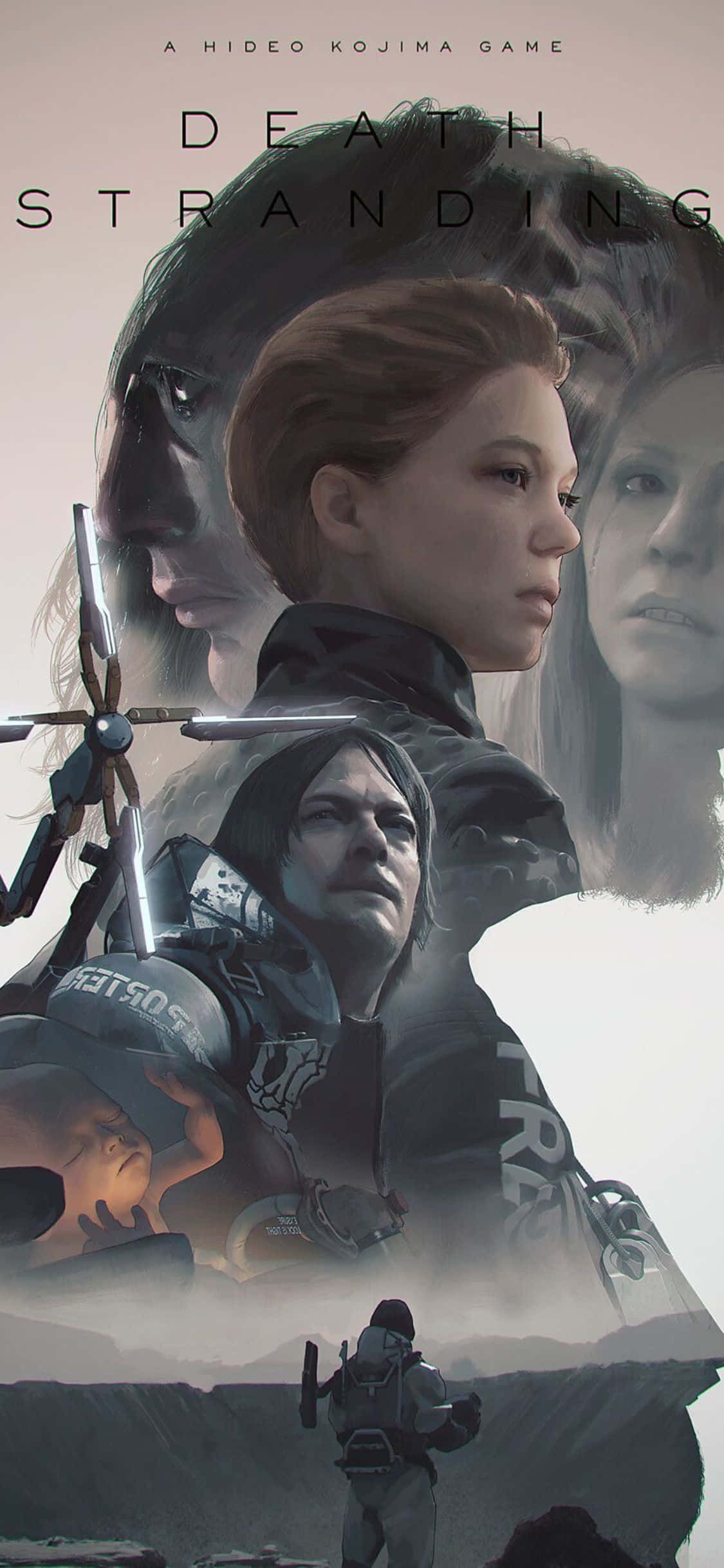 iPhone X Death Stranding 桌布 壁紙 — 一張令人難忘的 Death Stranding 數位藝術海報，包含分層的角色肖像和一個孤獨的身影穿越荒涼的景觀。