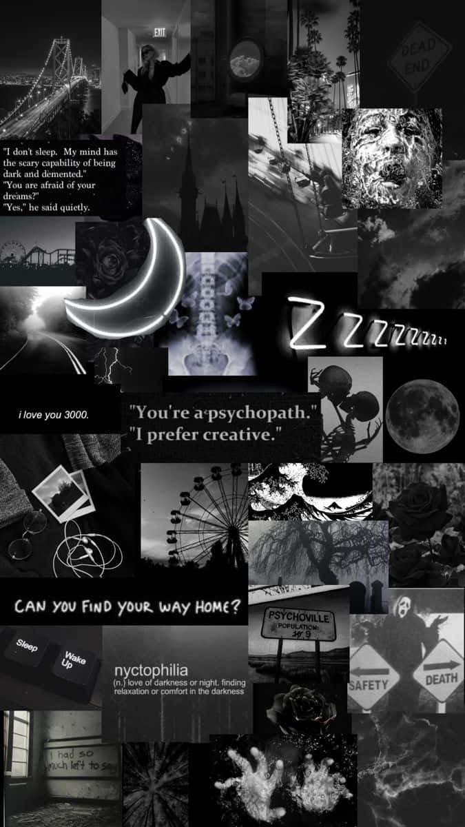 Aesthetic Black 桌布 壁紙 — 一張令人難忘的黑白拼貼畫，包含月亮、玫瑰、橋樑以及關於黑暗和睡眠的文字引用。