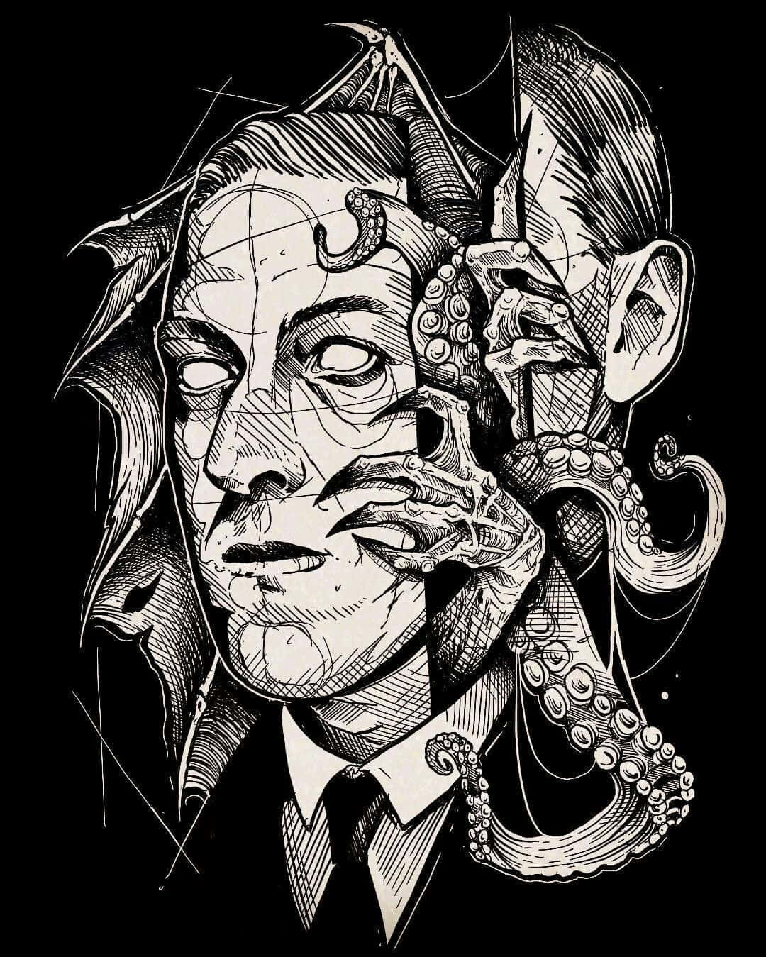 洛夫克拉夫特 桌布 壁紙 — 一張令人難忘的黑白插圖，描繪一個男人的臉被章魚觸手和惡魔翅膀吞噬。
