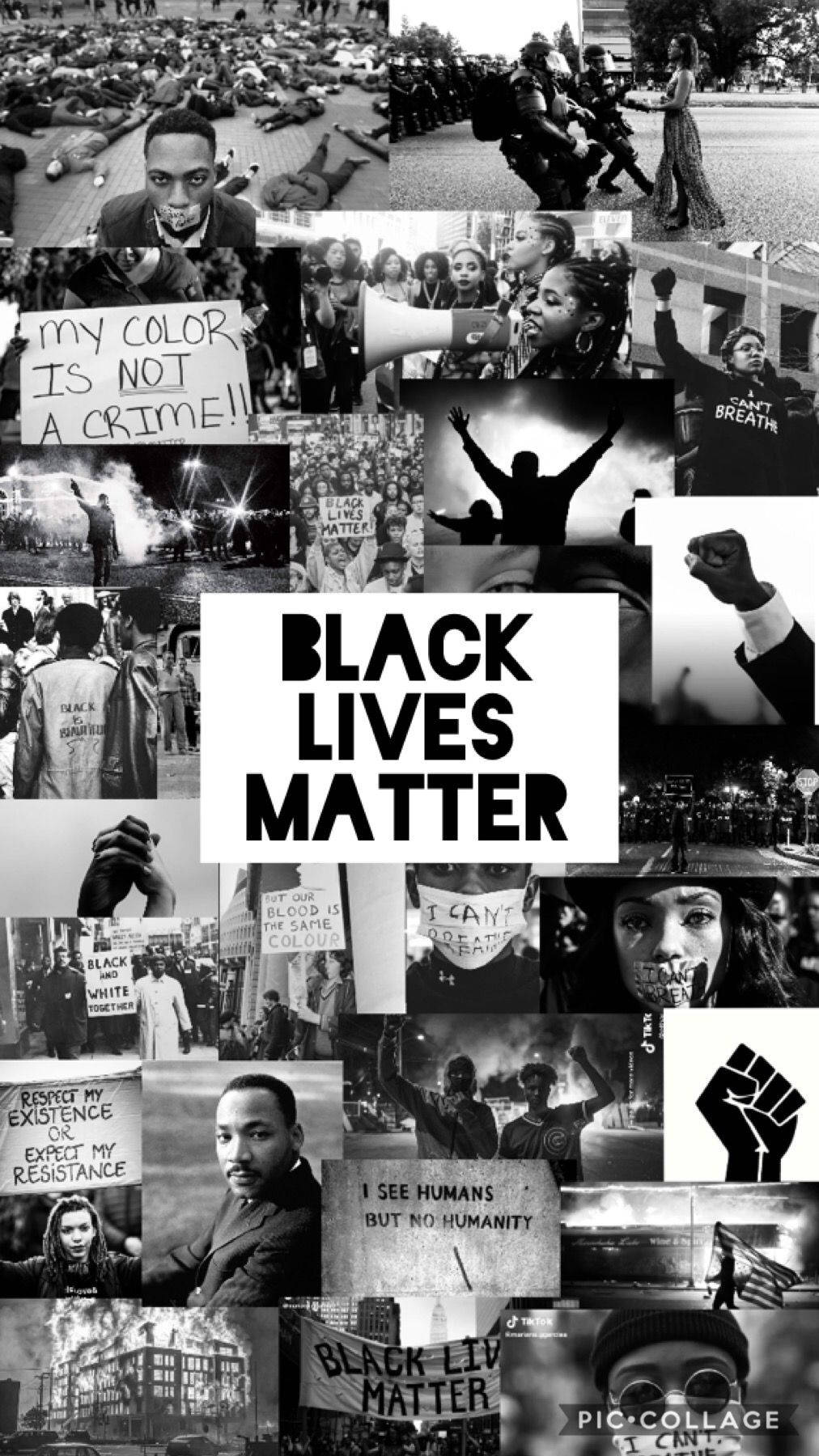 黑色 桌布 壁紙 — 一張以 Black Lives Matter 運動為中心、包含舉起拳頭和抗議標語的強而有力的黑白抗議圖像拼貼。