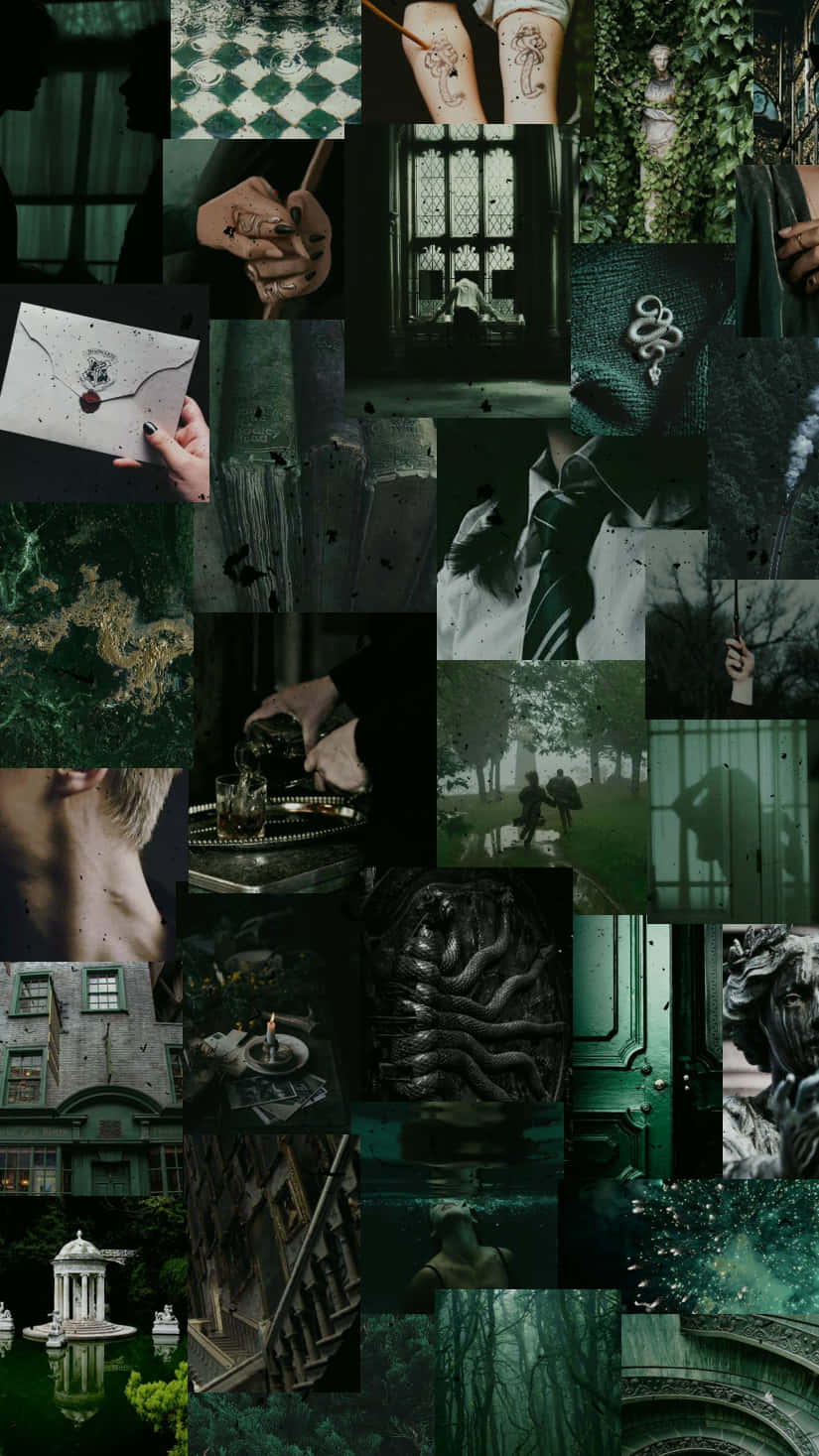 Slytherin Phone 桌布 壁紙 — 一張以哈利波特為主題的深綠色憂鬱風格拼貼畫，包括肖像、建築和魔法物品。