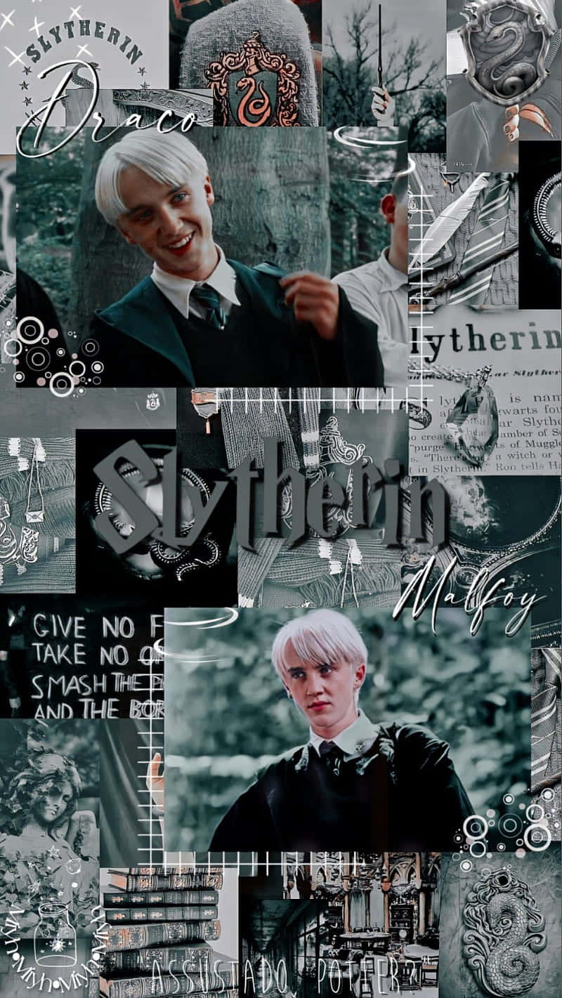 Cute Slytherin 桌布 壁紙 — 一張以單色調呈現的德拉科·馬爾福身穿史萊哲林服飾、搭配學院標誌和語錄的拼貼畫。