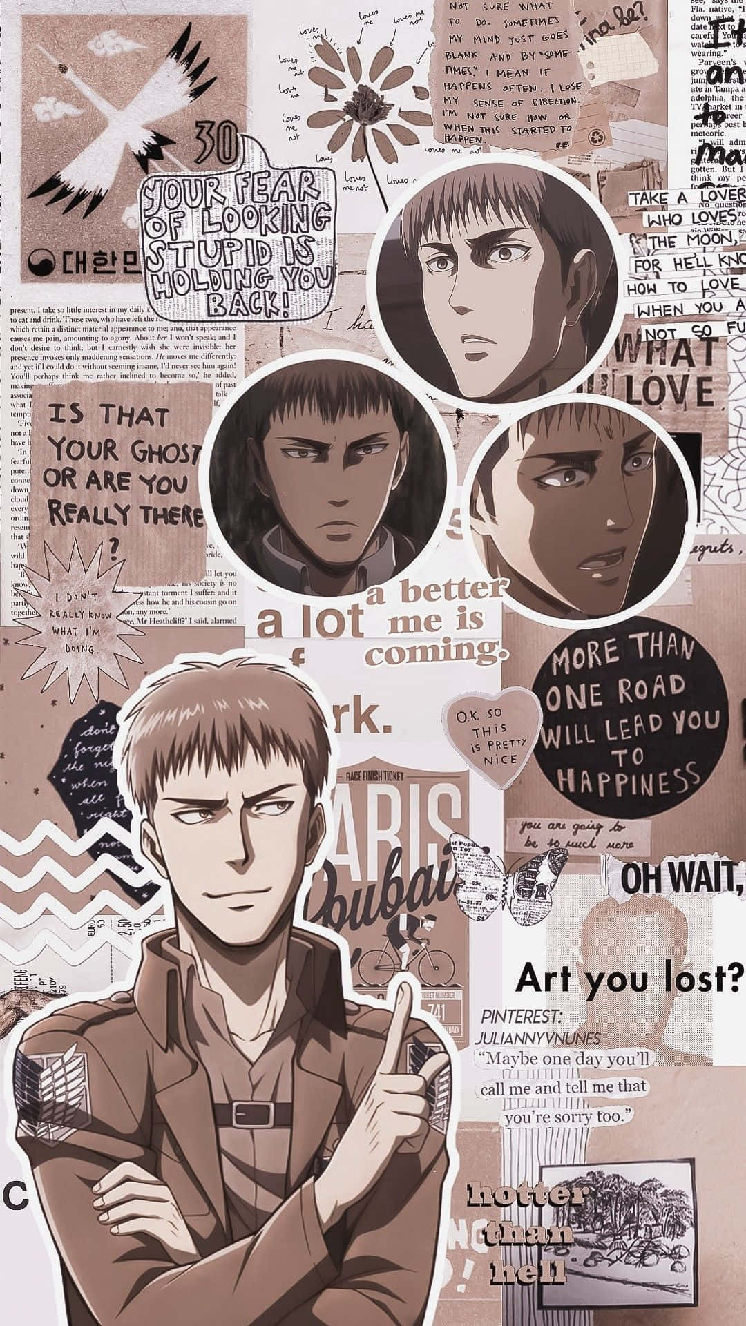 Jean Kirstein 桌布 壁紙 — 一張以懷舊棕色調呈現的動漫拼貼畫，包含多個嚴肅男性角色的肖像，周圍環繞著手寫語錄和塗鴉。
