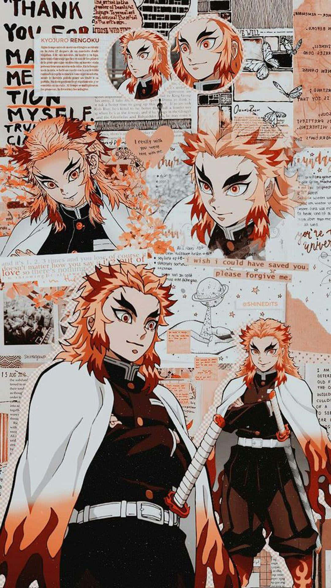 Rengoku Aesthetic 桌布 壁紙 — 一張以暖色背景為襯托的動漫角色煉獄杏壽郎拼貼畫，他擁有火焰般的橙色頭髮和刀，周圍環繞著手寫筆記和素描。