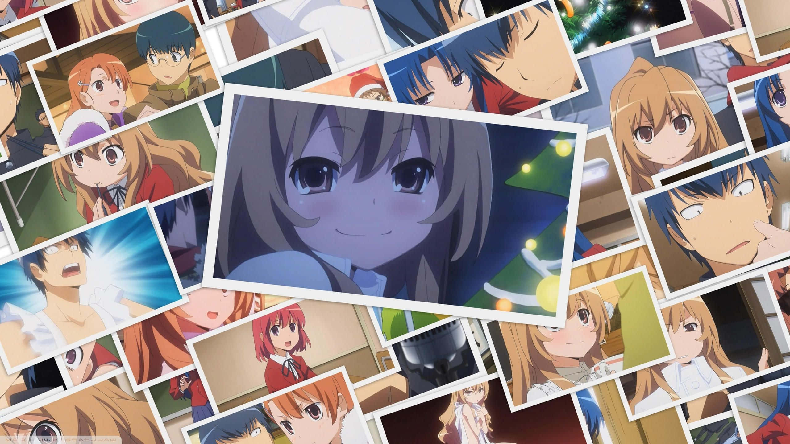 Anime Collage 桌布 壁紙 — 一張以灰髮微笑女孩為中心、聖誕樹前的動漫角色照片拼貼。