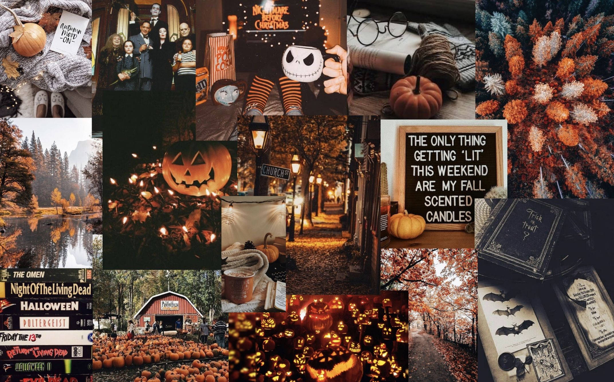 Aesthetic Halloween Laptop 桌布 壁紙 — 一張以秋季和萬聖節為主題的圖片拼貼，包含南瓜、傑克燈籠、舒適的蠟燭和溫暖燈光下的恐怖裝飾。