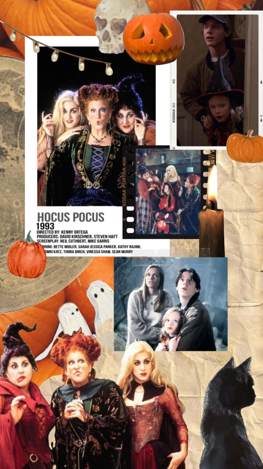 桌布 壁紙 — 一張以紋理紙張製作的《Hocus Pocus》電影場景拼貼畫，包含女巫、南瓜、骷髏頭和一隻黑貓。