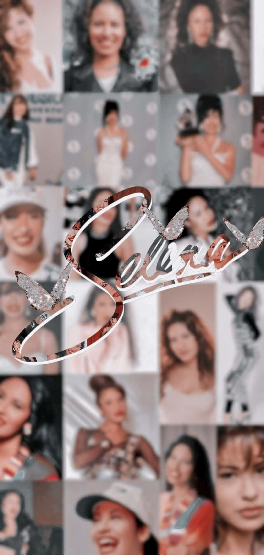 Selena Quintanilla iPhone 桌布 壁紙 — 一張以網格排列的Selena Quintanilla照片拼貼，她的名字以閃亮草書疊加。