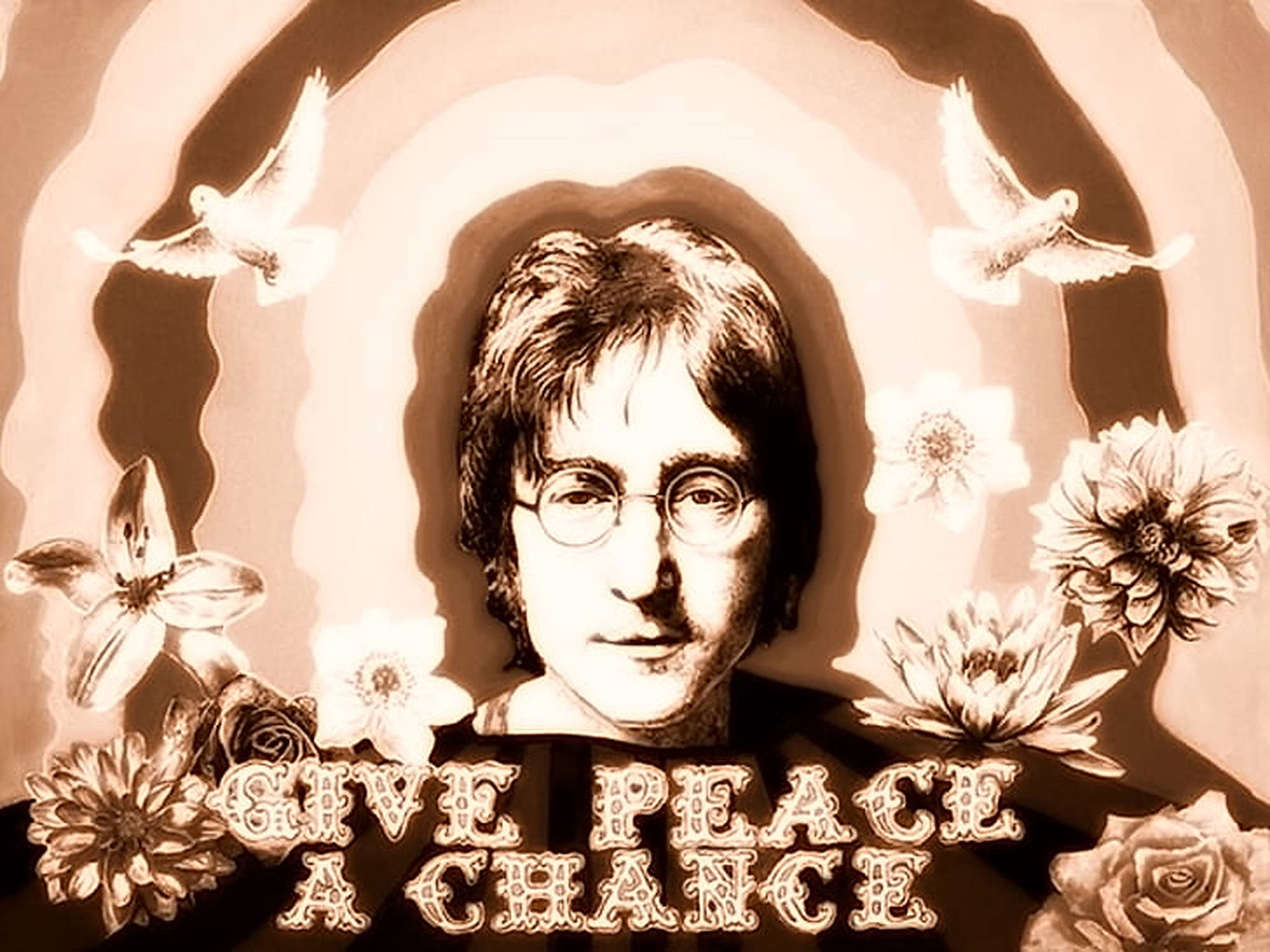 約翰·藍儂 桌布 壁紙 — 一張以鴿子和鮮花圍繞的約翰·藍儂（John Lennon）復古啡調肖像，附有「give peace a chance」字句。