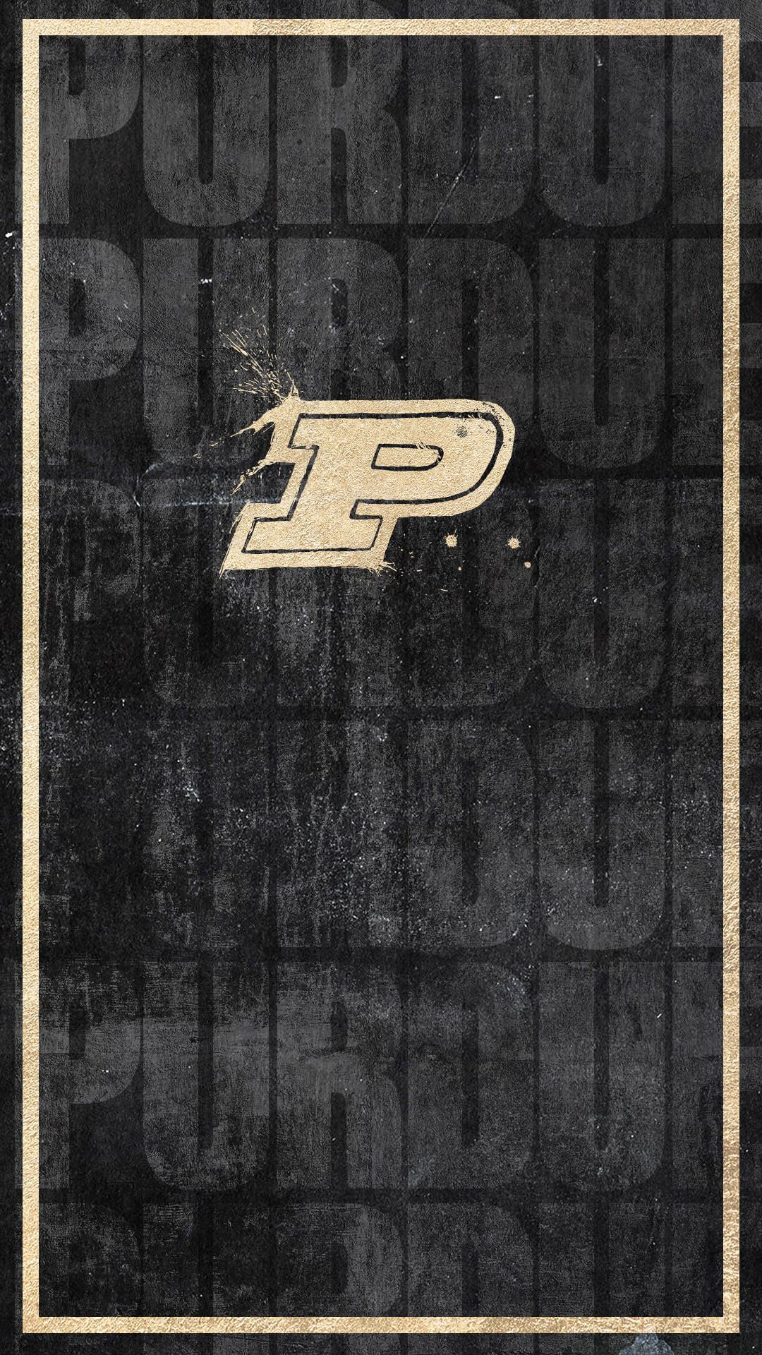字母P 桌布 壁紙 — 一張仿舊黑色壁紙，中央有一個金色的普渡大學「P」標誌，覆蓋在重複的褪色文字上，並有米色邊框。