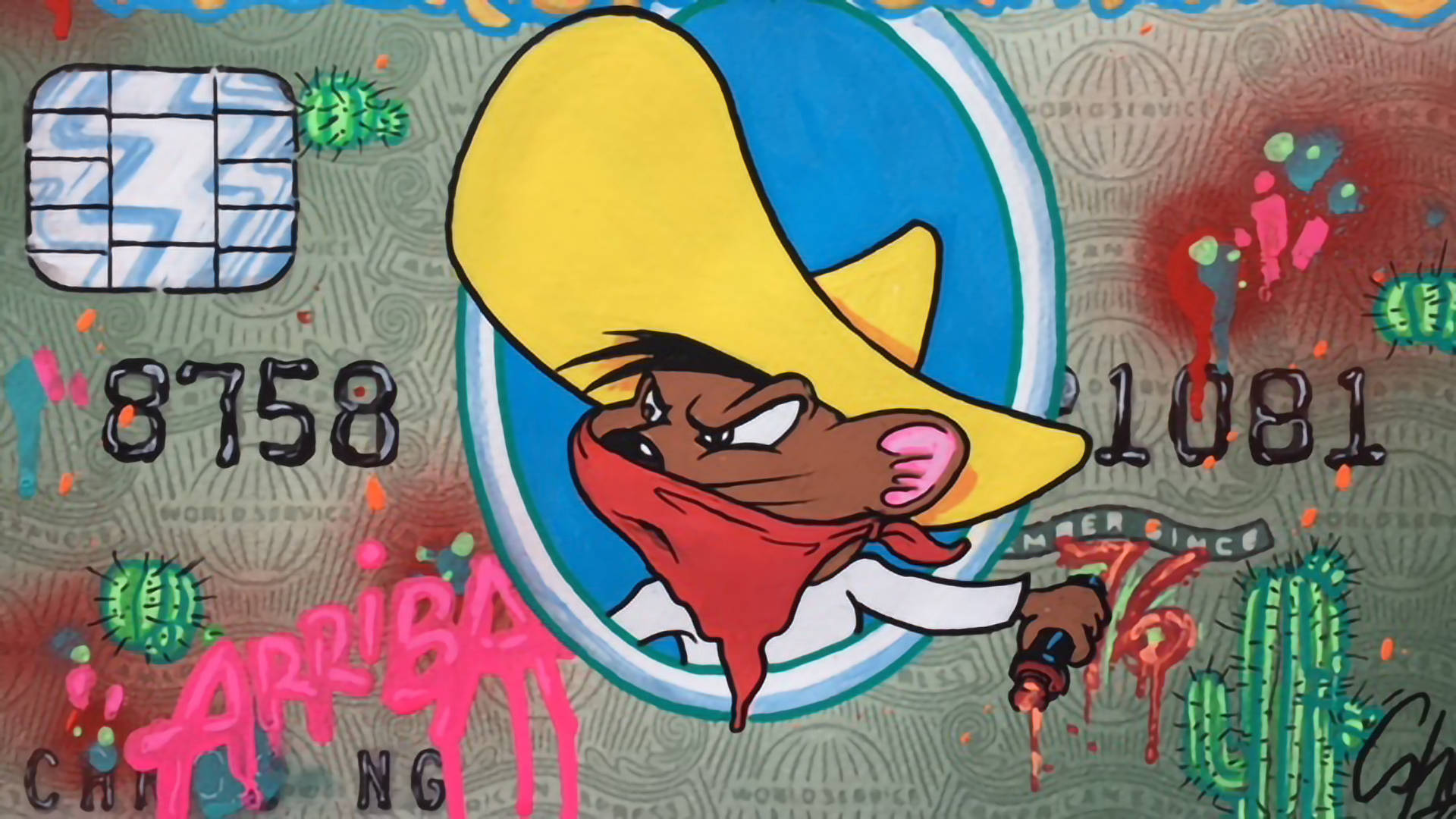 Speedy Gonzales 桌布 壁紙 — 一張佈滿塗鴉的信用卡上有一隻卡通老鼠，戴著黃色闊邊帽和紅色頭巾，手持槍支，周圍有仙人掌和噴漆。