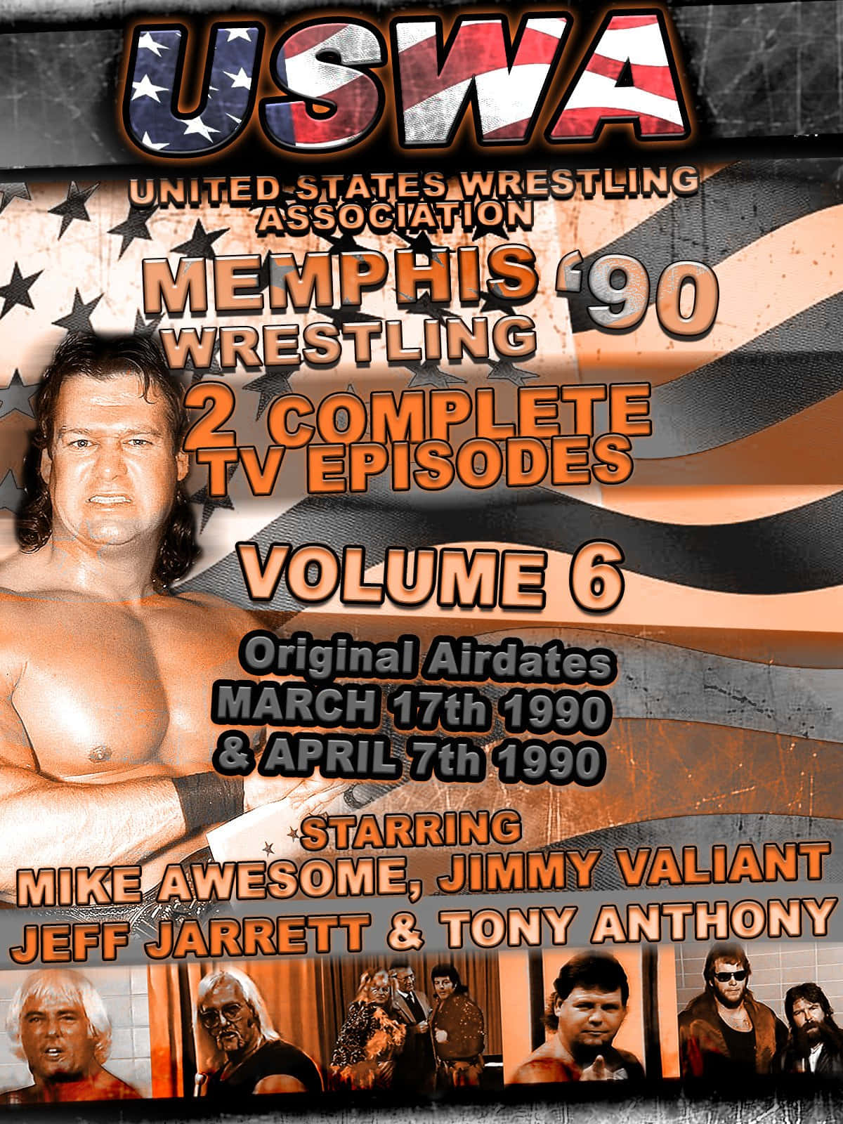 摔角 桌布 壁紙 — 一張來自曼菲斯 '90 的復古 USWA 摔角海報， featuring 摔角手 Mike Awesome 和其他明星，背景為磨損的美國國旗。