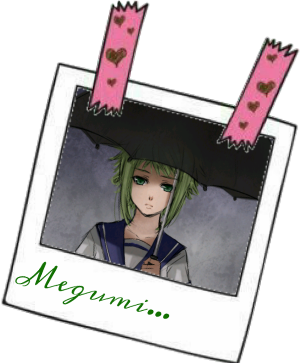 Vocaloid 桌布 壁紙 — 一張傾斜的拍立得照片顯示一位綠髮動漫女孩在灰色背景前拿著一把黑色雨傘，周圍有粉紅色心形緞帶，下方寫著名字Megumi。