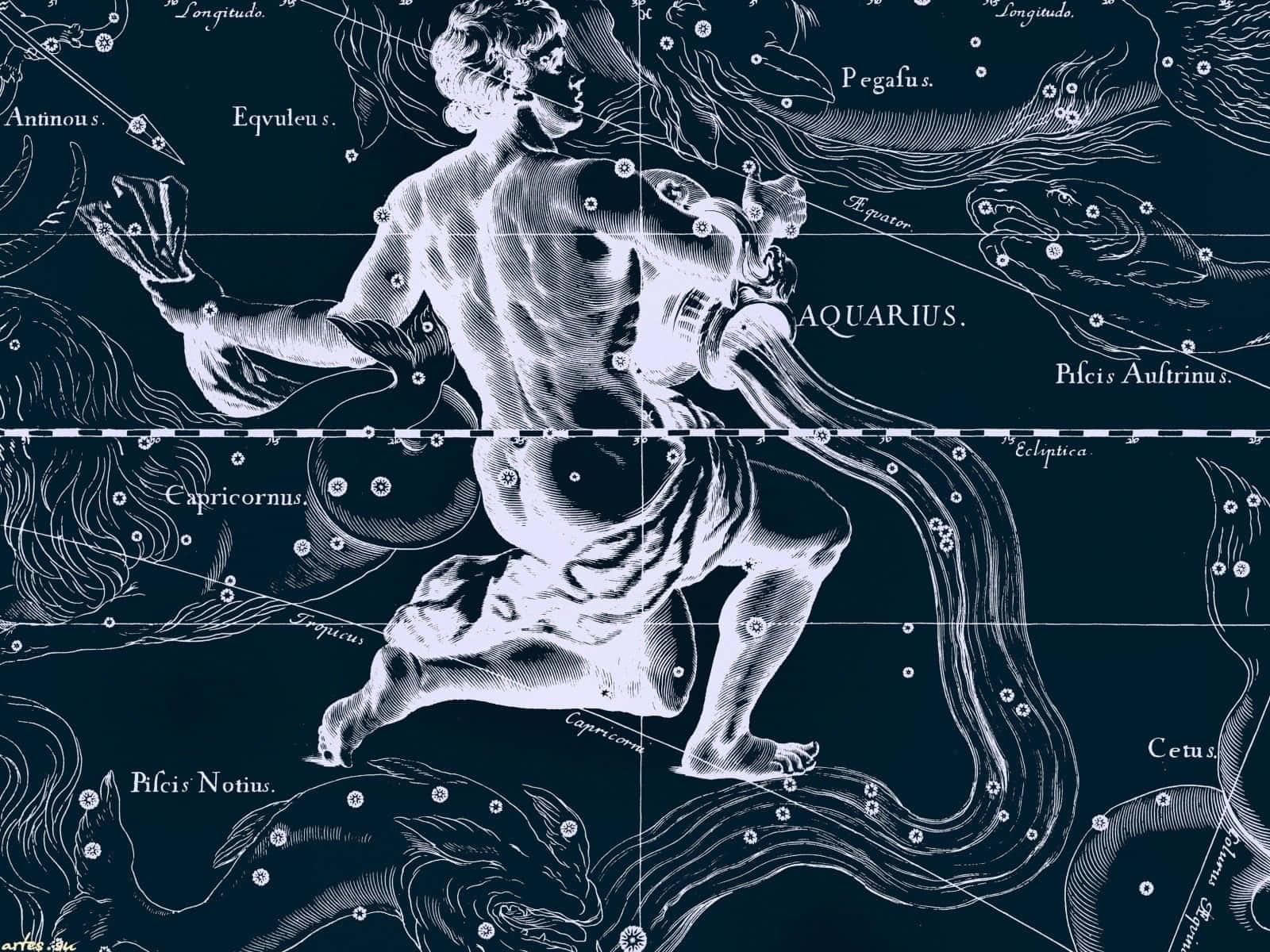 aquarius 桌布 壁紙 — 一張優雅的復古天體圖描繪了水瓶座，一個肌肉發達的人物在深藍色背景下從水罐中倒水。