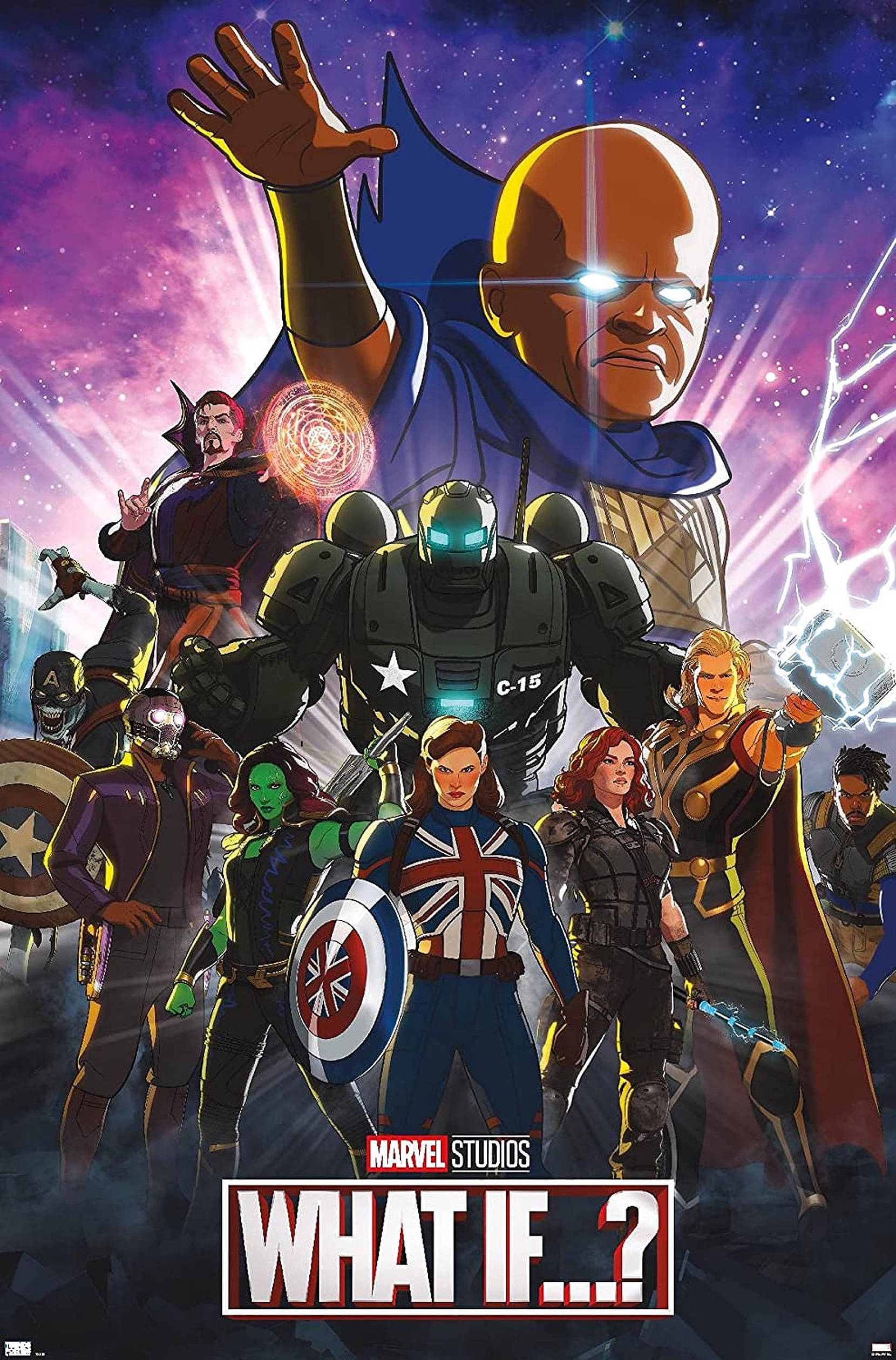漫威假如 桌布 壁紙 — 一張充滿動感的Marvel What If海報， featuring 多樣化的超級英雄，如美國隊長和雷神，在充滿活力的紫色星空背景下擺出宇宙戰鬥姿勢。