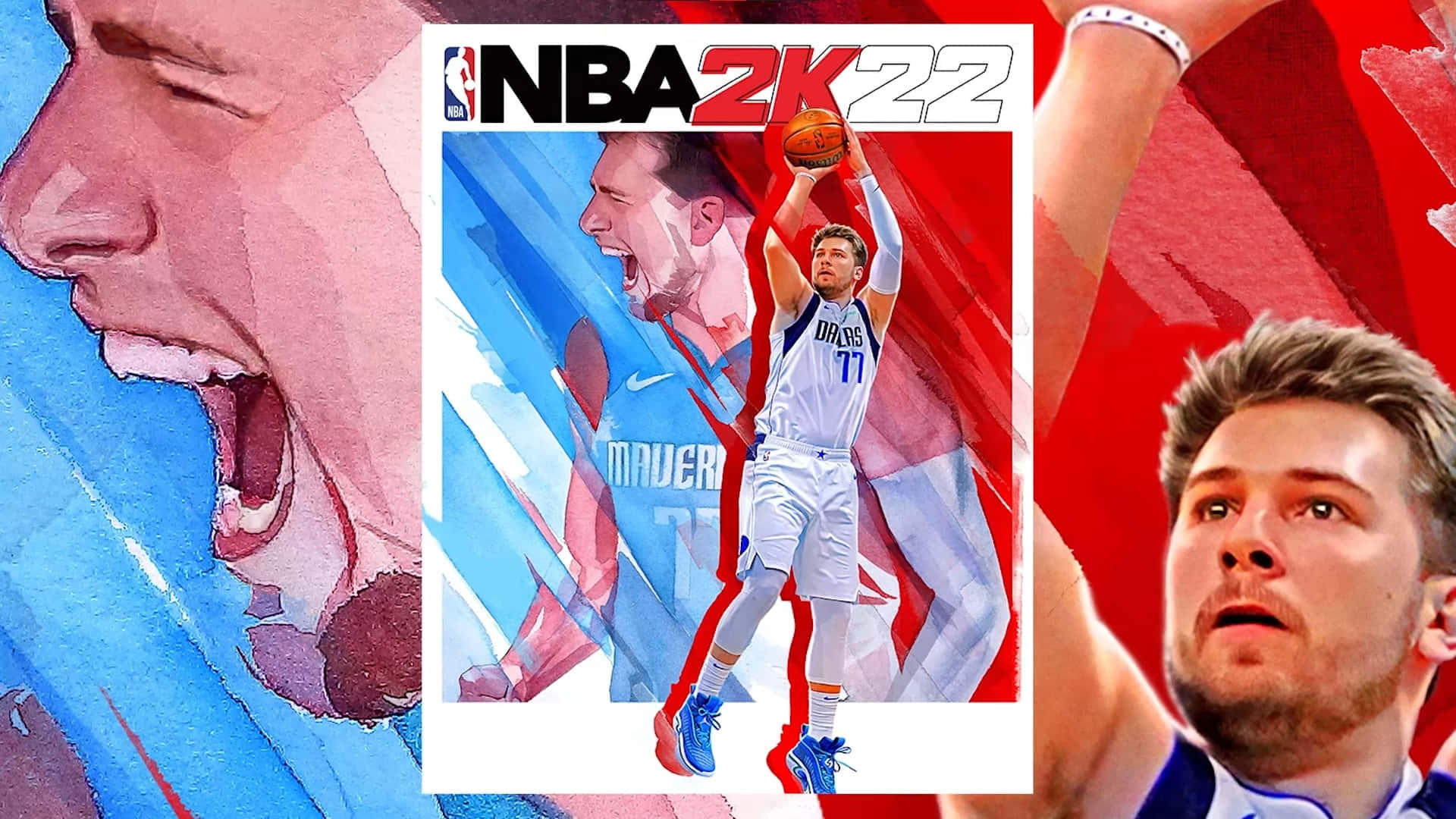 NBA 2k22 桌布 壁紙 — 一張充滿動感的NBA 2K22封面藝術，展示一名籃球運動員正在投籃，兩側有表現力豐富的水彩風格肖像。