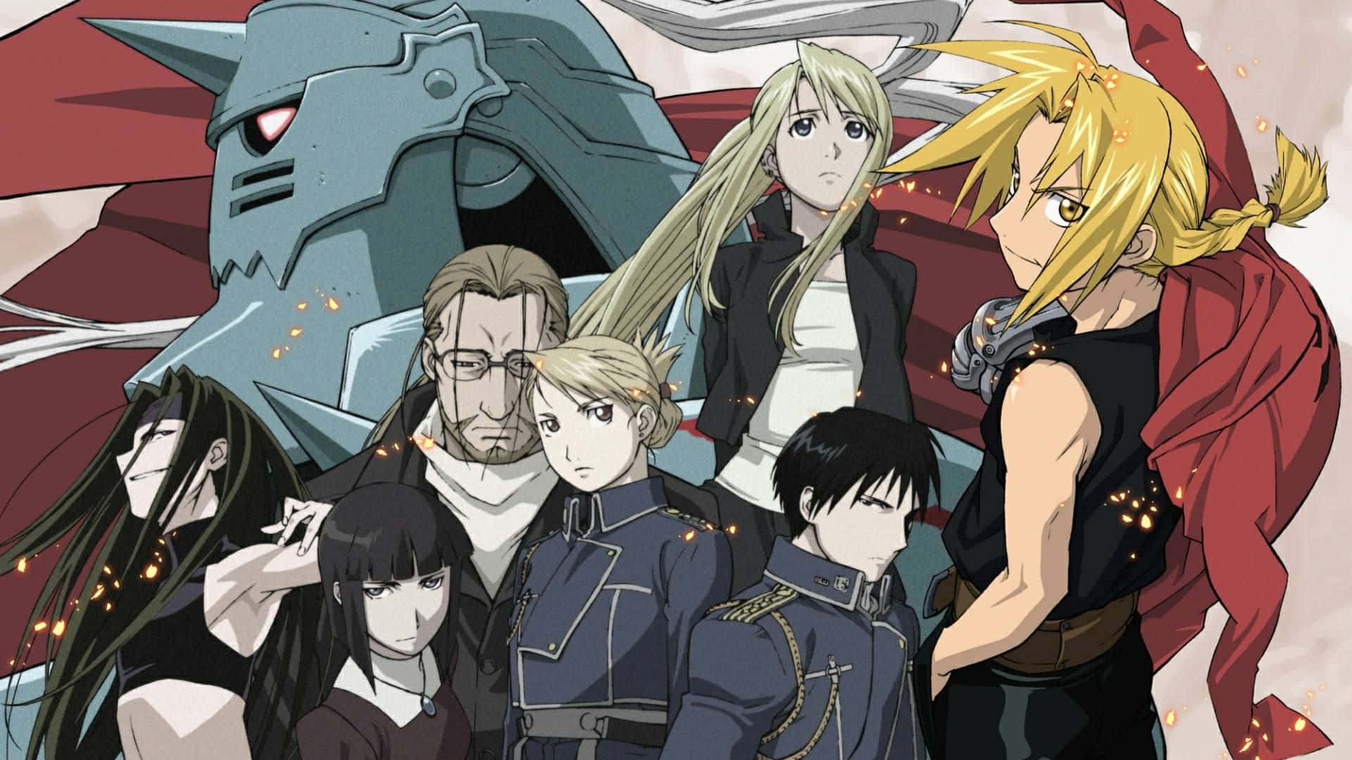 Fullmetal Alchemist 桌布 壁紙 — 一張充滿動感的動漫團體肖像， featuring 愛德華·艾力克和他的朋友們，身穿機械服裝，背景有熾熱的火花。