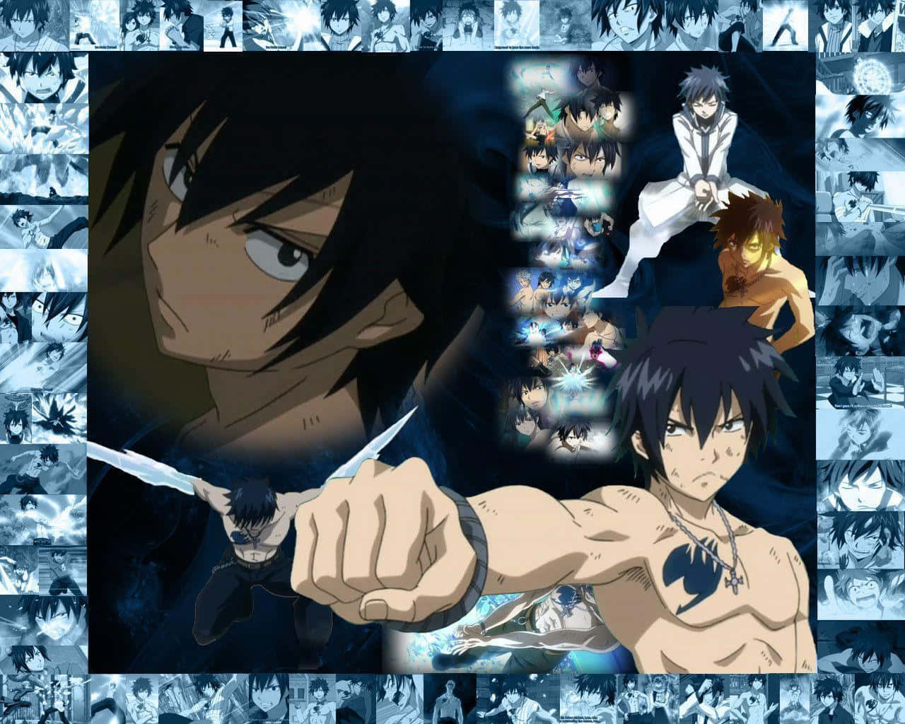 Gray Fullbuster 桌布 壁紙 — 一張充滿動感的動漫拼貼畫， featuring 一個決心堅定的深色頭髮男性角色手持劍，被多個藍色和黑色調的動作場景包圍。
