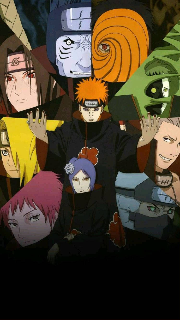 Itachi And Kisame 桌布 壁紙 — 一張充滿動感的動漫拼貼畫， featuring 來自《火影忍者》的標誌性角色，帶有強烈的表情和鮮豔的色彩點綴。