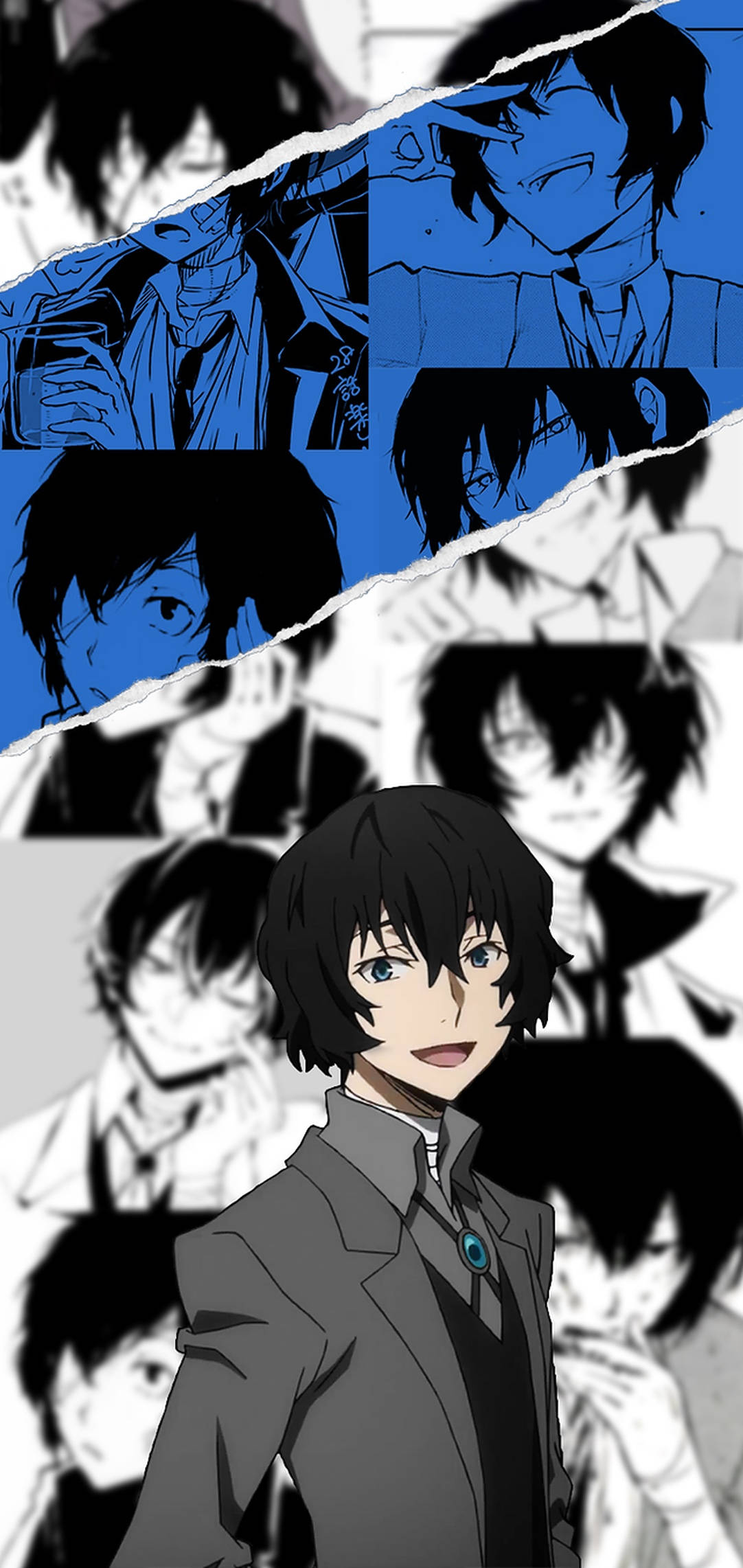 Dazai 桌布 壁紙 — 一張充滿動感的動漫拼貼畫，中央是一位身穿西裝的男性角色，帶有藍色色調的面板和撕裂紙張效果。