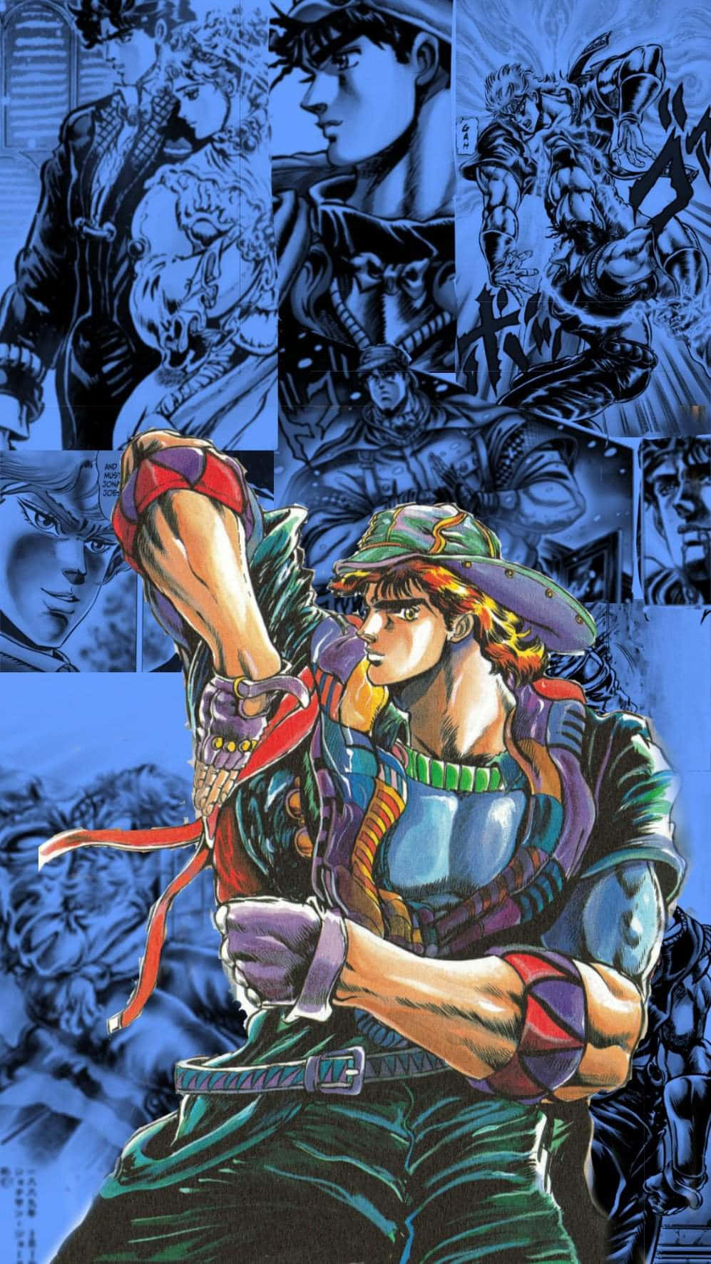 Jonathan Joestar 桌布 壁紙 — 一張充滿動感的動漫拼貼畫，中央是一位穿著色彩繽紛裝備的肌肉英雄，周圍是藍色調的漫畫面板，上面有激烈的角色。