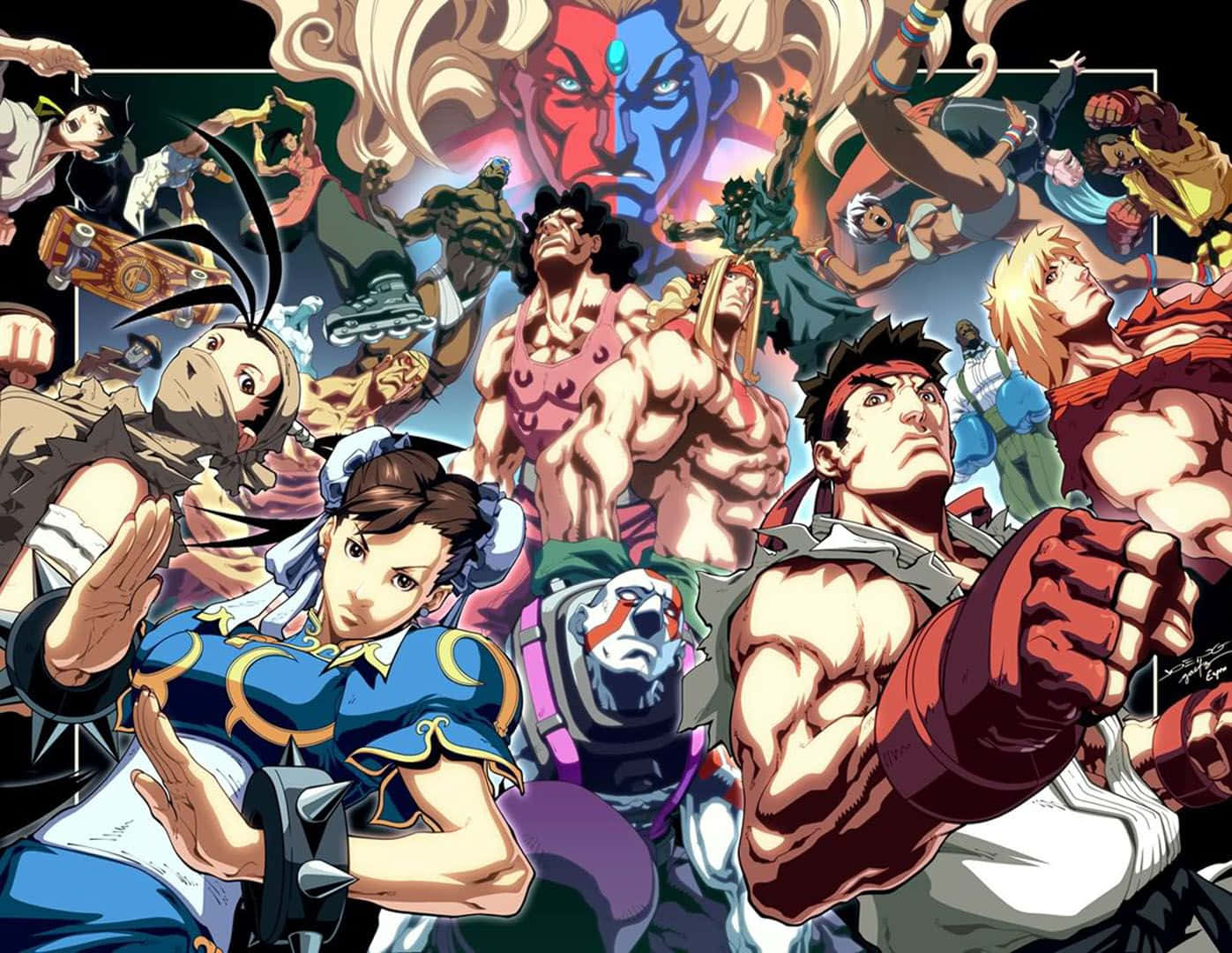 Fighting Games 桌布 壁紙 — 一張充滿動感的動漫拼貼畫，描繪了標誌性格鬥遊戲角色在動作中的姿態，色彩大膽，燈光戲劇化。