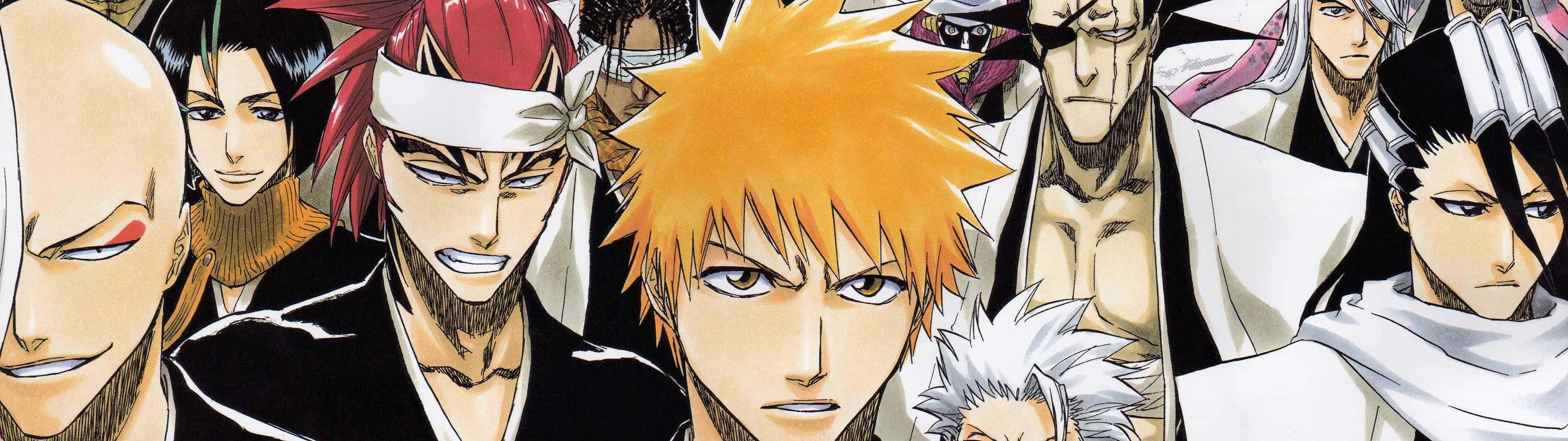 動漫 桌布 壁紙 — 一張充滿動感的動漫桌布， featuring 一排兇猛的 Bleach 角色，線條大膽，色彩鮮豔。