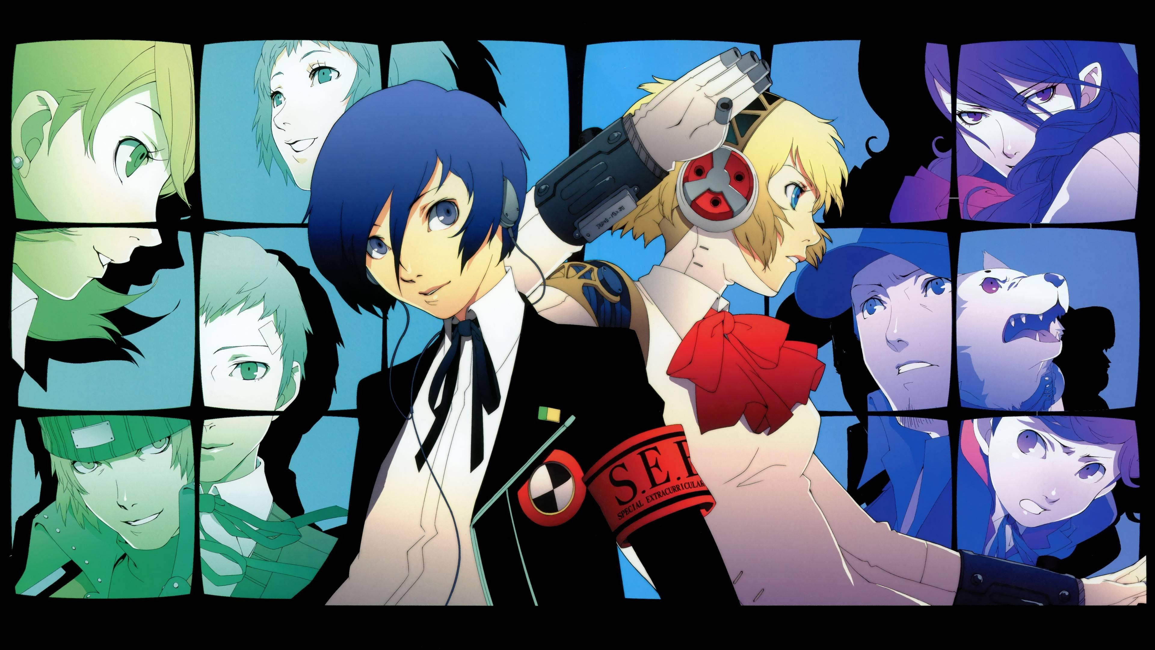 Persona 3 桌布 壁紙 — 一張充滿動感的動漫桌布，中央角色身穿黑色西裝，周圍是其他風格化動漫面孔的拼貼，色彩鮮豔。