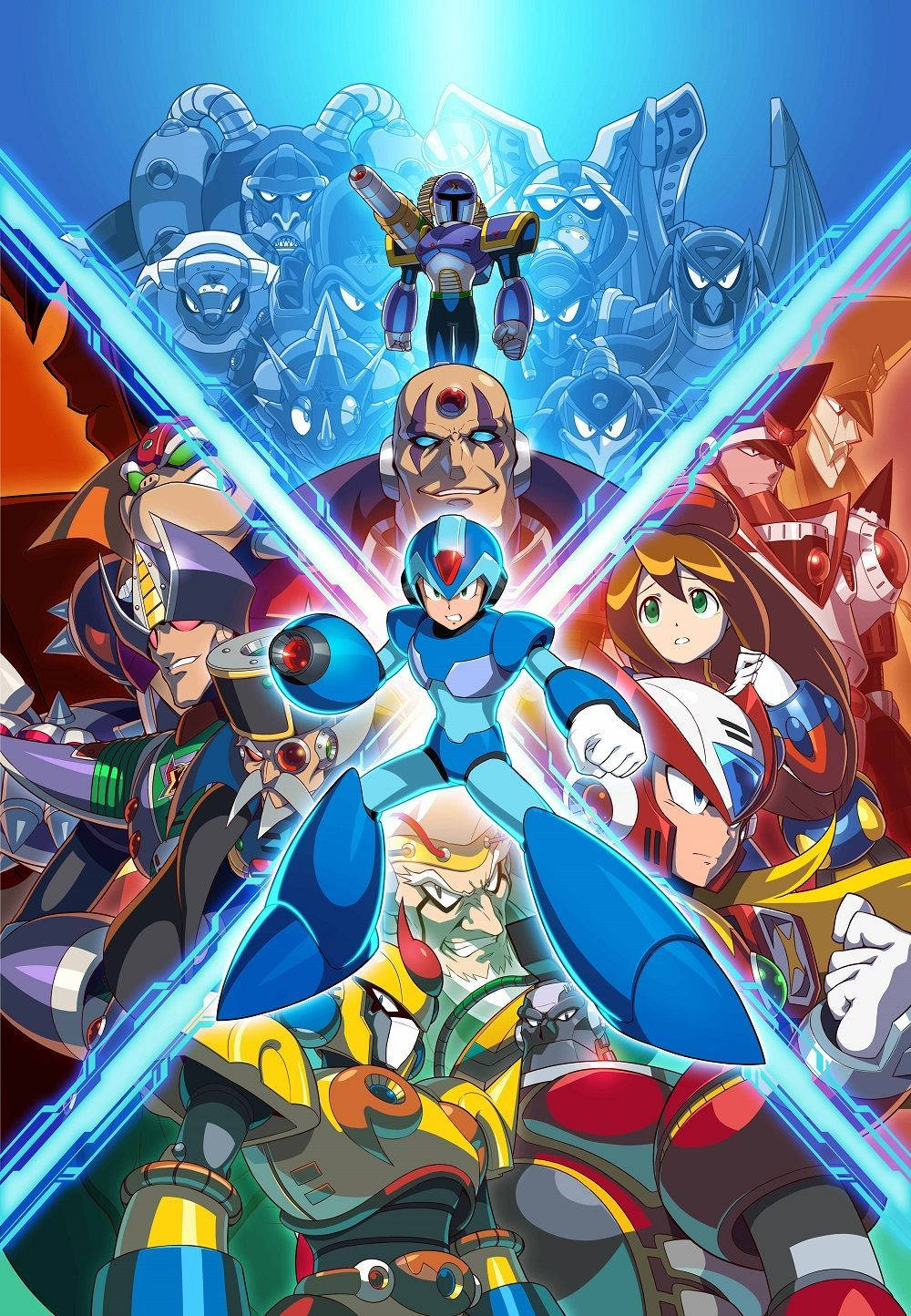 Megaman 桌布 壁紙 — 一張充滿動感的動漫海報，描繪了洛克人及其盟友身穿藍色和紅色盔甲，在閃耀的藍天下對抗威脅性的機器人敵人。