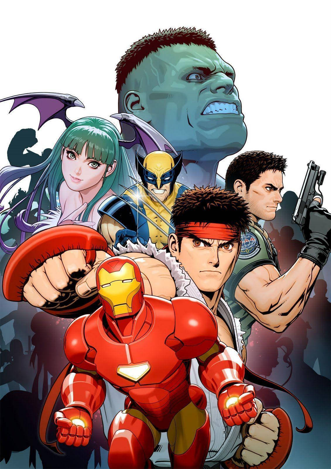 Capcom 桌布 壁紙 — 一張充滿動感的動漫風格海報，以 Iron Man、Hulk、Wolverine 及其他超級英雄在黑暗背景下擺出英雄姿勢。
