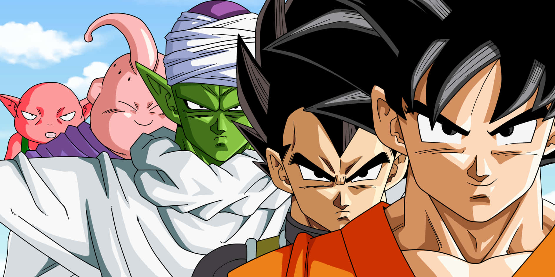 Dbz 桌布 壁紙 — 一張充滿動感的動畫團體照，悟空、貝吉塔、比克等人在明亮的藍天下展現出強烈的表情。