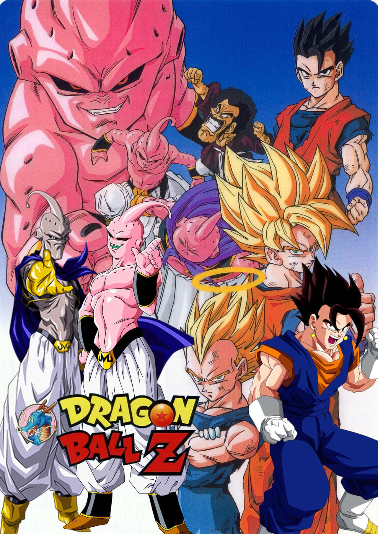 Buu Saga 桌布 壁紙 — 一張充滿動感的動畫海報，以悟空、達爾和弗利沙等標誌性七龍珠Z角色為特色，以英雄和反派姿態襯托大膽的藍天。