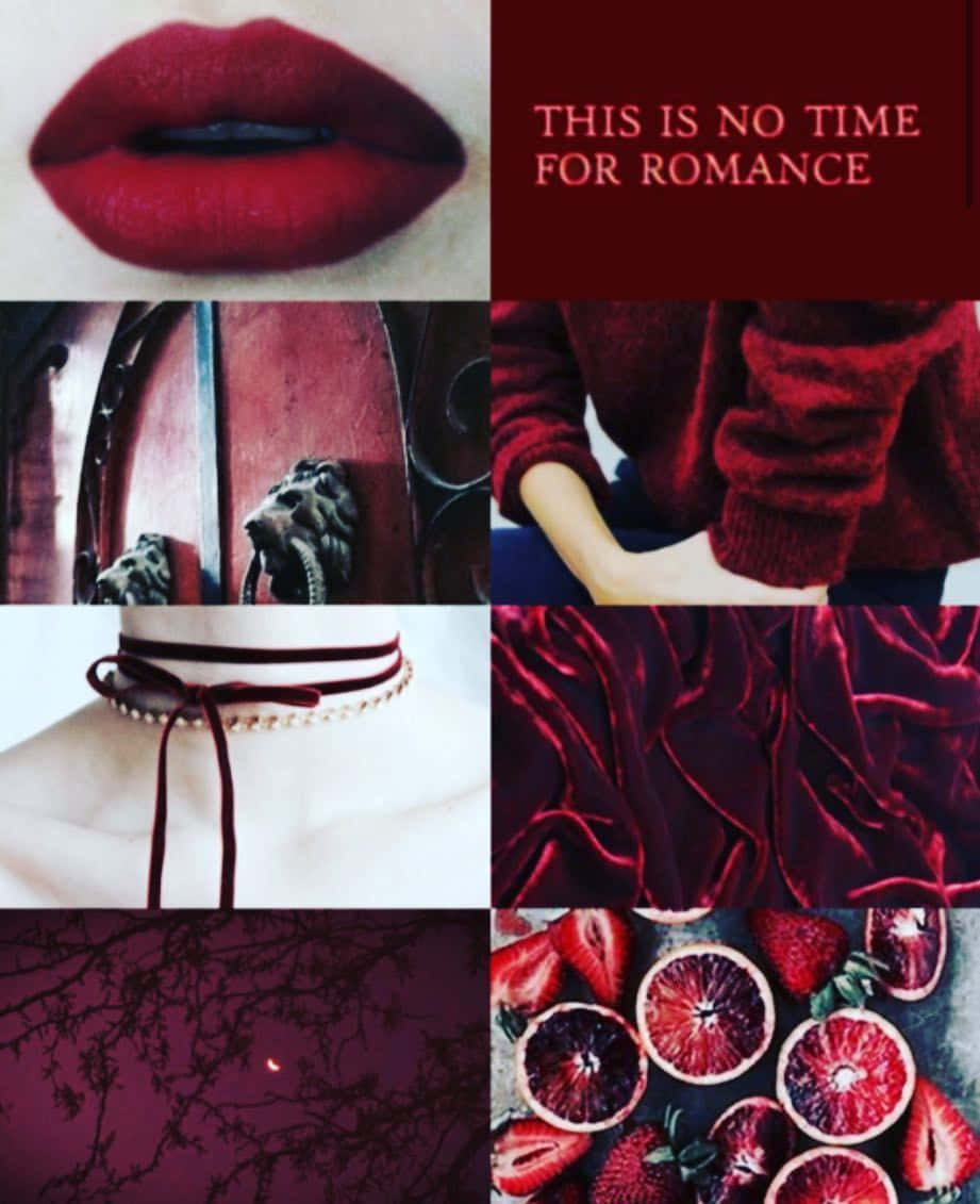 Capricorn Aesthetic 桌布 壁紙 — 一張充滿情緒的拼貼畫，包含深紅色的嘴唇、天鵝絨布料、血橙和哥德式裝飾，並有文字宣告沒有時間談戀愛。