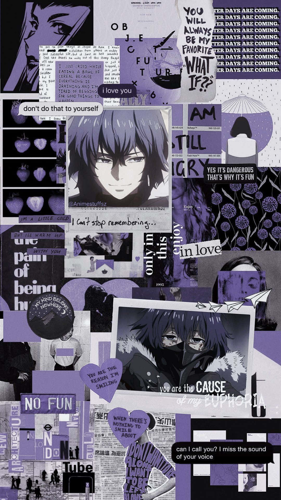 Ayato Kirishima 桌布 壁紙 — 一張充滿情緒的紫色動漫拼貼畫，以碎片化的數位藝術風格呈現情感語錄和角色肖像。