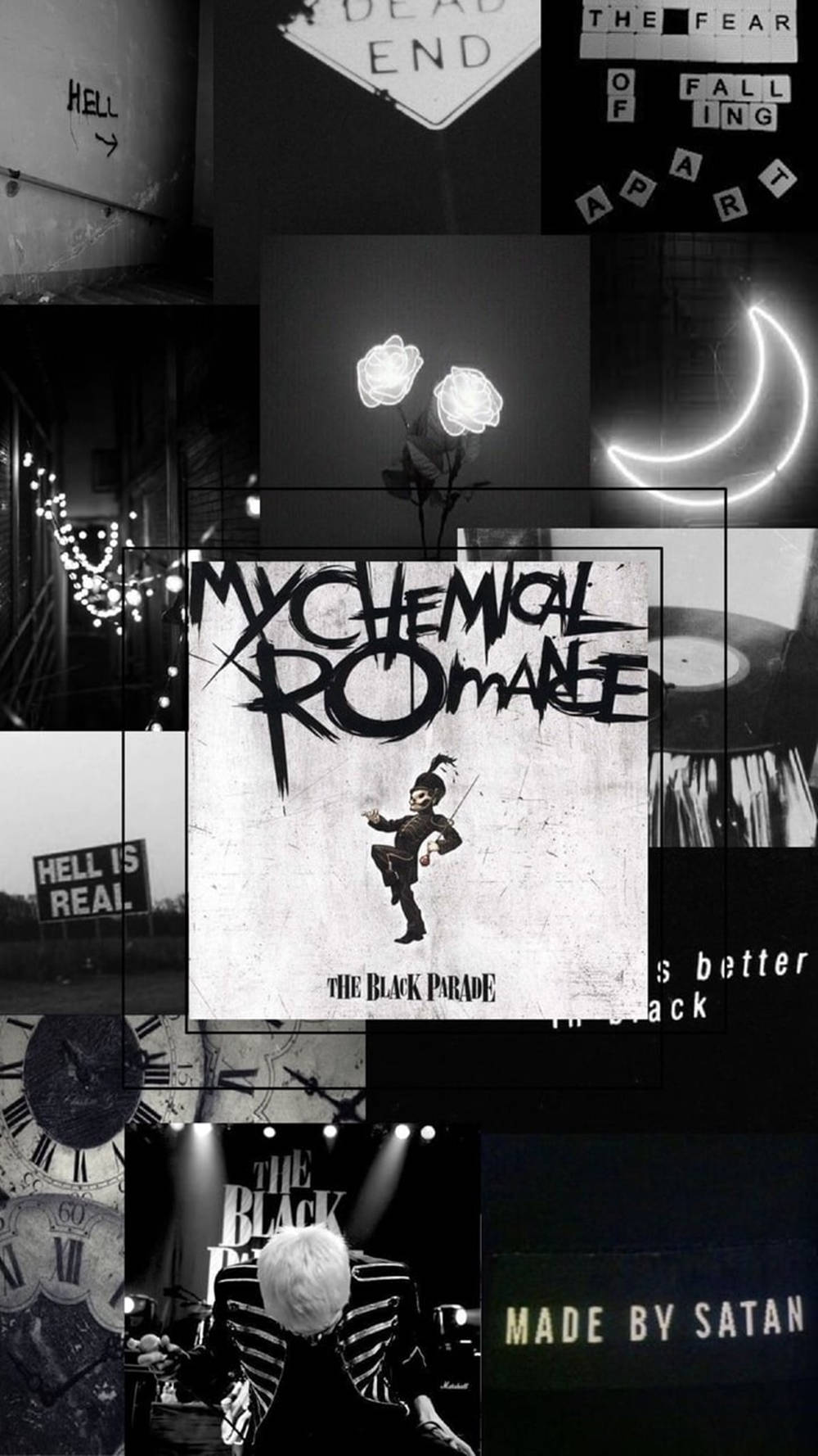 黑色 桌布 壁紙 — 一張充滿情緒的黑白拼貼畫，包含My Chemical Romance專輯藝術、霓虹燈牌和黑暗都市意象。