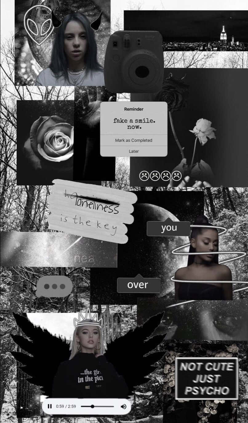 Black And White Collage 桌布 壁紙 — 一張充滿情緒的黑白拼貼畫，包含面孔、玫瑰和文字疊加，傳達孤獨和情感深度。