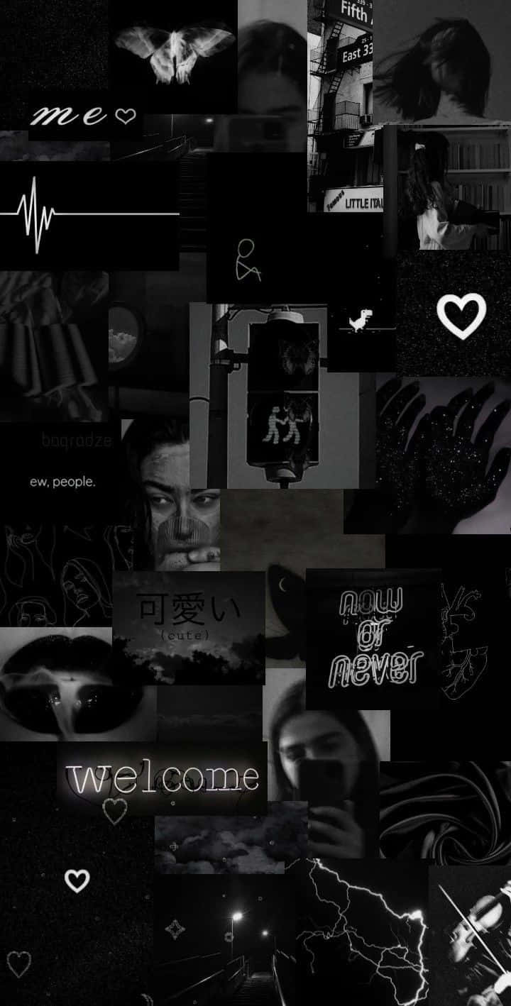 Aesthetic Dark 桌布 壁紙 — 一張充滿情緒的黑白拼貼畫，由零碎的個人照片、文字和符號組成，營造出懷舊的數位剪貼簿美學。