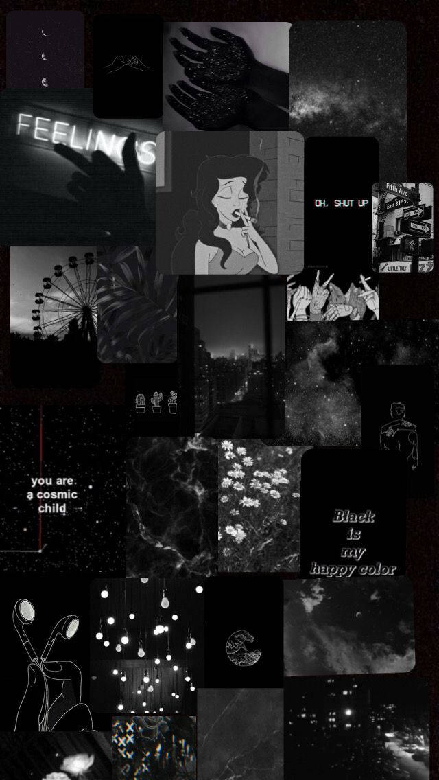 Grunge Emo Aesthetic 桌布 壁紙 — 一張充滿情緒的黑白拼貼畫，融合超現實與都市意象，帶有文字疊加和宇宙主題。