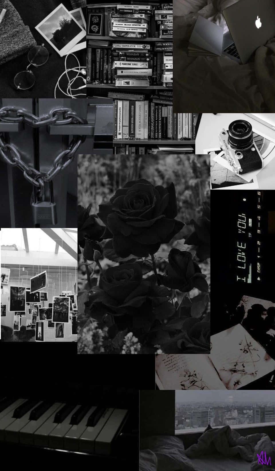 Goth Aesthetic Black 桌布 壁紙 — 一張充滿情調的黑白拼貼畫，包含親密的個人物品，包括玫瑰、書籍、鋼琴和筆記型電腦。