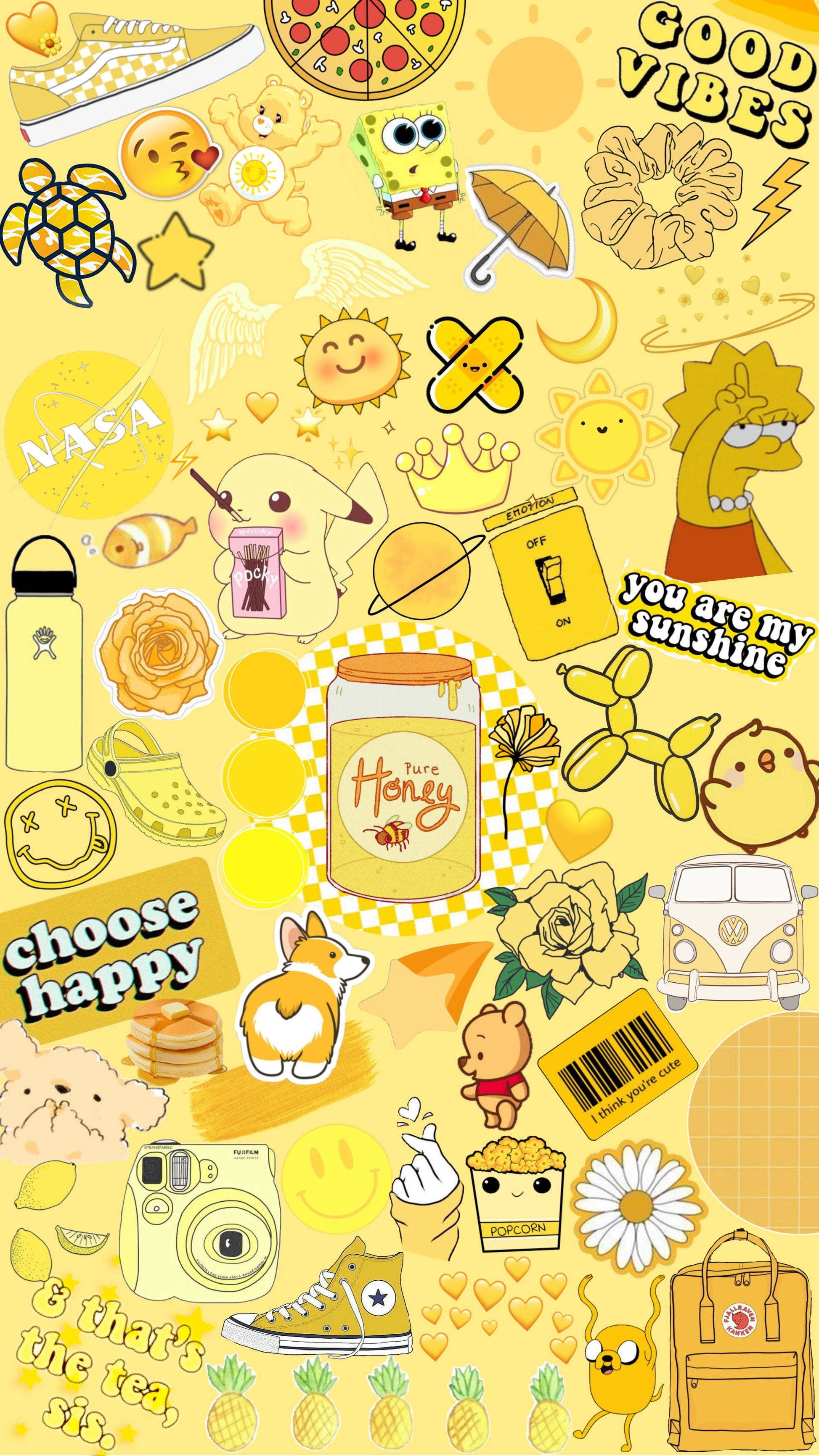 Pastel Yellow Aesthetic 桌布 壁紙 — 一張充滿歡樂氣息的黃色桌布拼貼，以俏皮的塗鴉風格呈現卡通角色、零食和正面肯定語句。