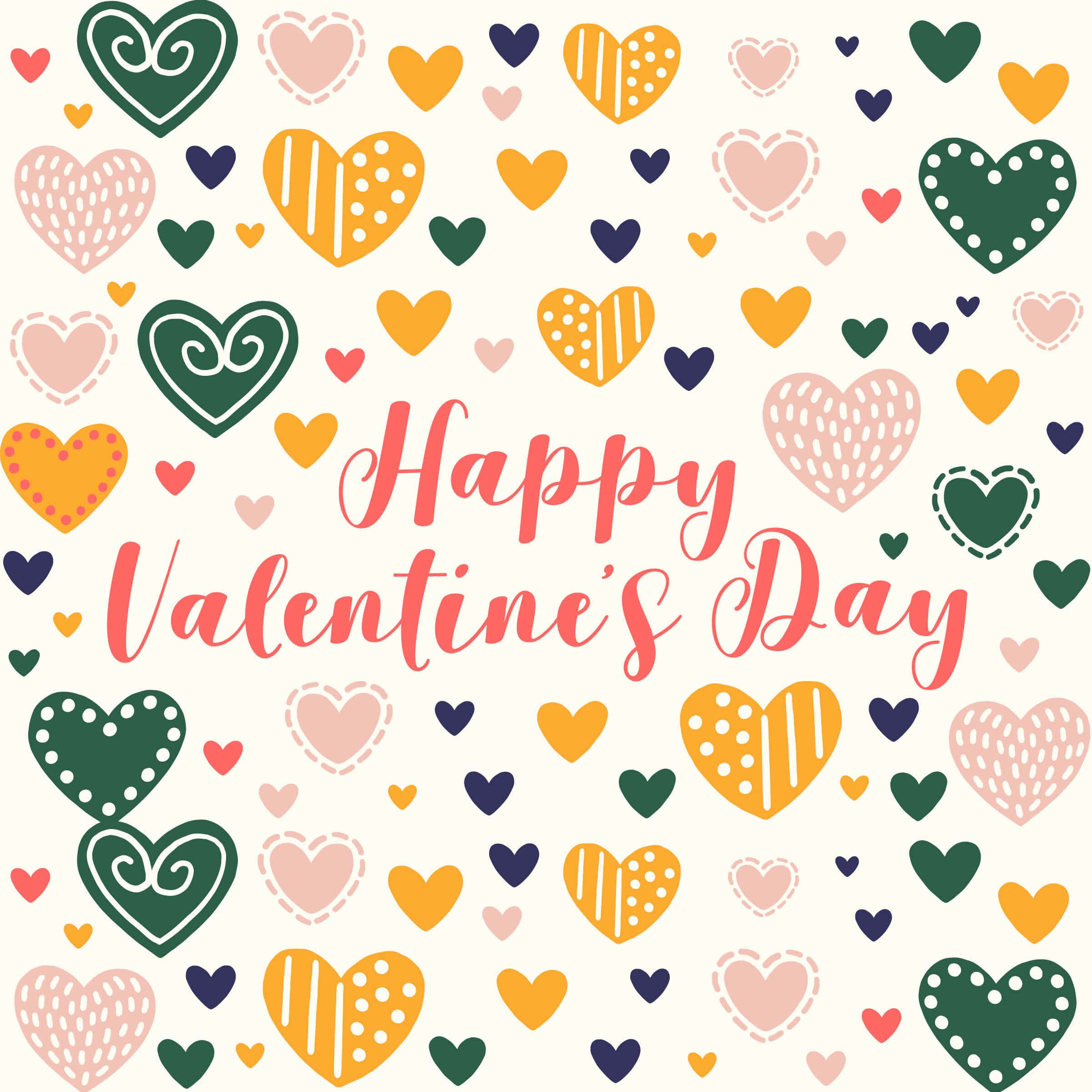 彩色動圖 桌布 壁紙 — 一張充滿歡樂的情人節卡片，上面有綠色、黃色、粉紅色和藍色的彩色圖案心形，背景為奶油色。