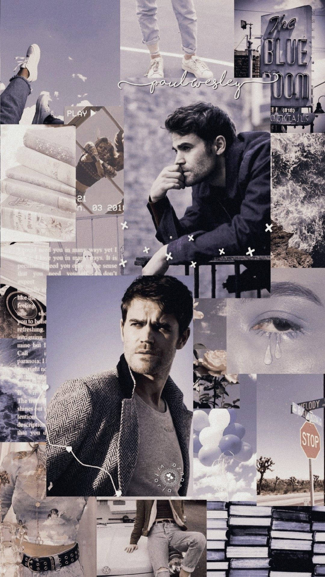 Stefan 桌布 壁紙 — 一張充滿氛圍感的拼貼畫，Paul Wesley 以不同姿勢與書籍、氣球和城市元素組合，採用柔和的藍灰色調。