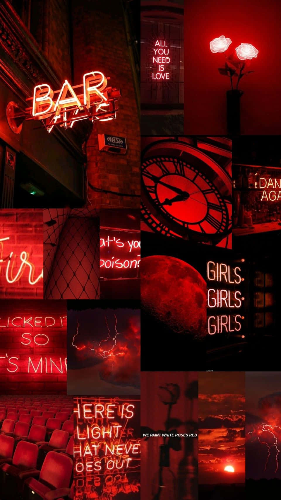 Aesthetic Grunge Neon Signs 桌布 壁紙 — 一張充滿氛圍感的紅色霓虹拼貼畫，以黑暗都市背景襯托發光的招牌、時鐘、玫瑰和文字。