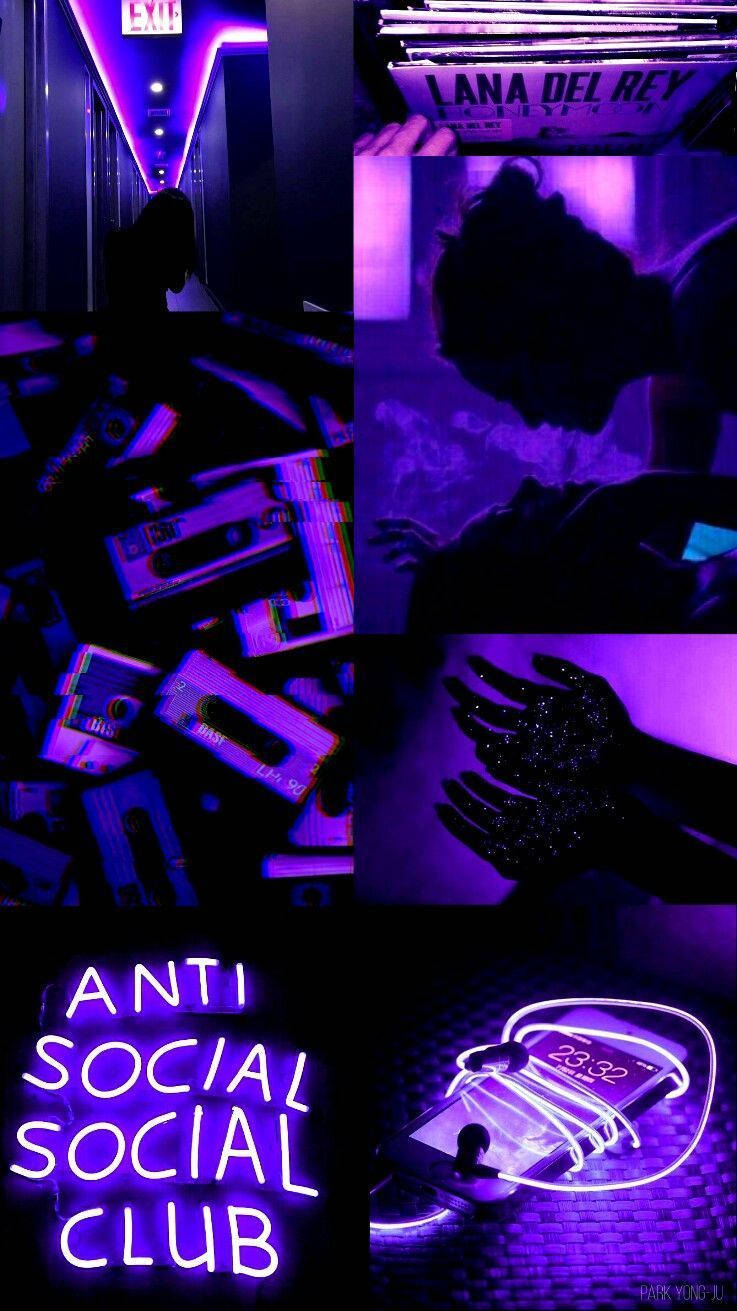 Purple Aesthetic Phone 桌布 壁紙 — 一張充滿氛圍感的紫色拼貼畫， featuring 卡式錄音帶剪影、霓虹燈牌和發光的手，營造出復古俱樂部氛圍。